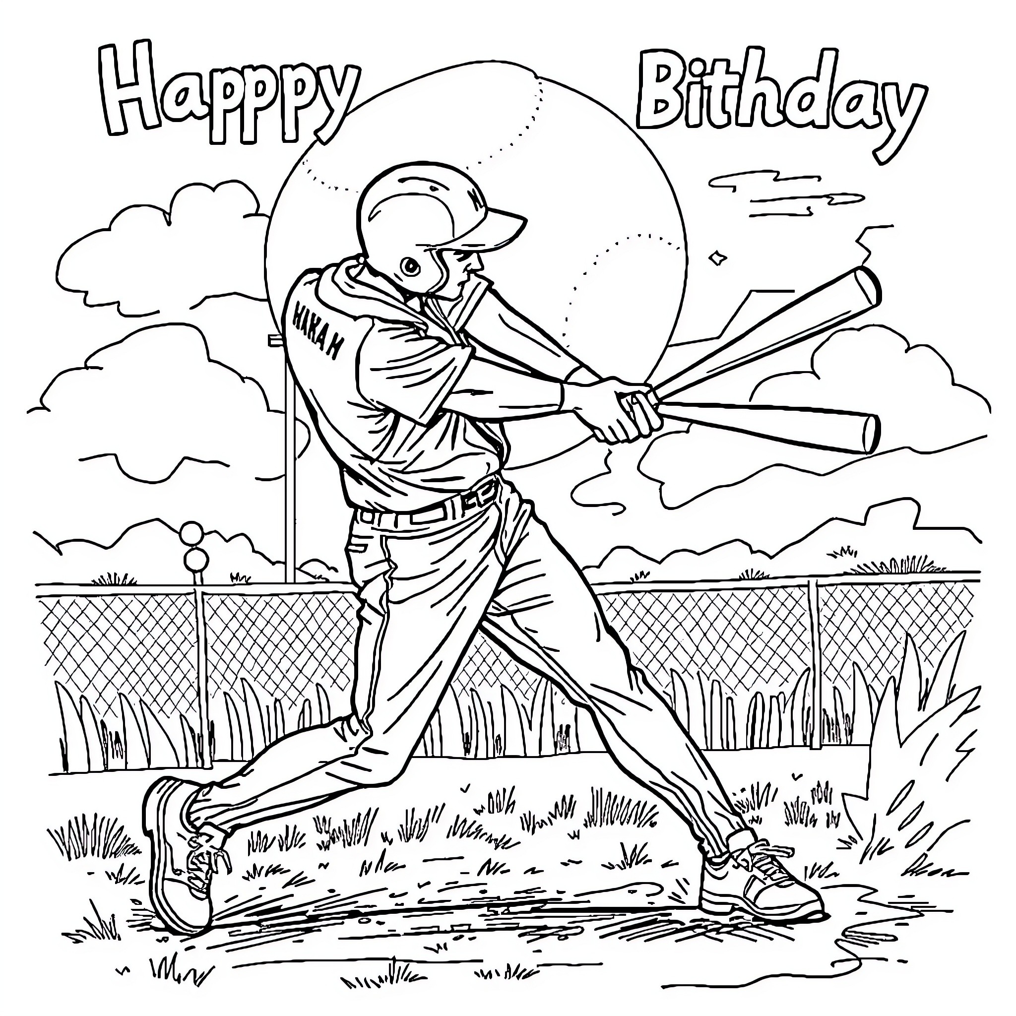 Baseball Player Batting in the Field Coloring Page (free black-and-white line drawing printable PDF for all, from beginners to advanced learners, including children, teens, adults, and seniors)