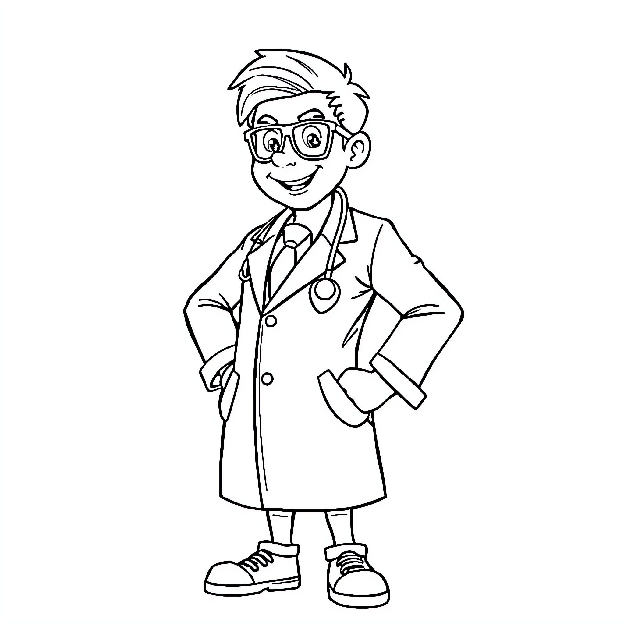 Super Doctor Happily Assisting Patients with Care Coloring Page (free black-and-white line drawing printable PDF for all, from beginners to advanced learners, including children, teens, adults, and seniors)