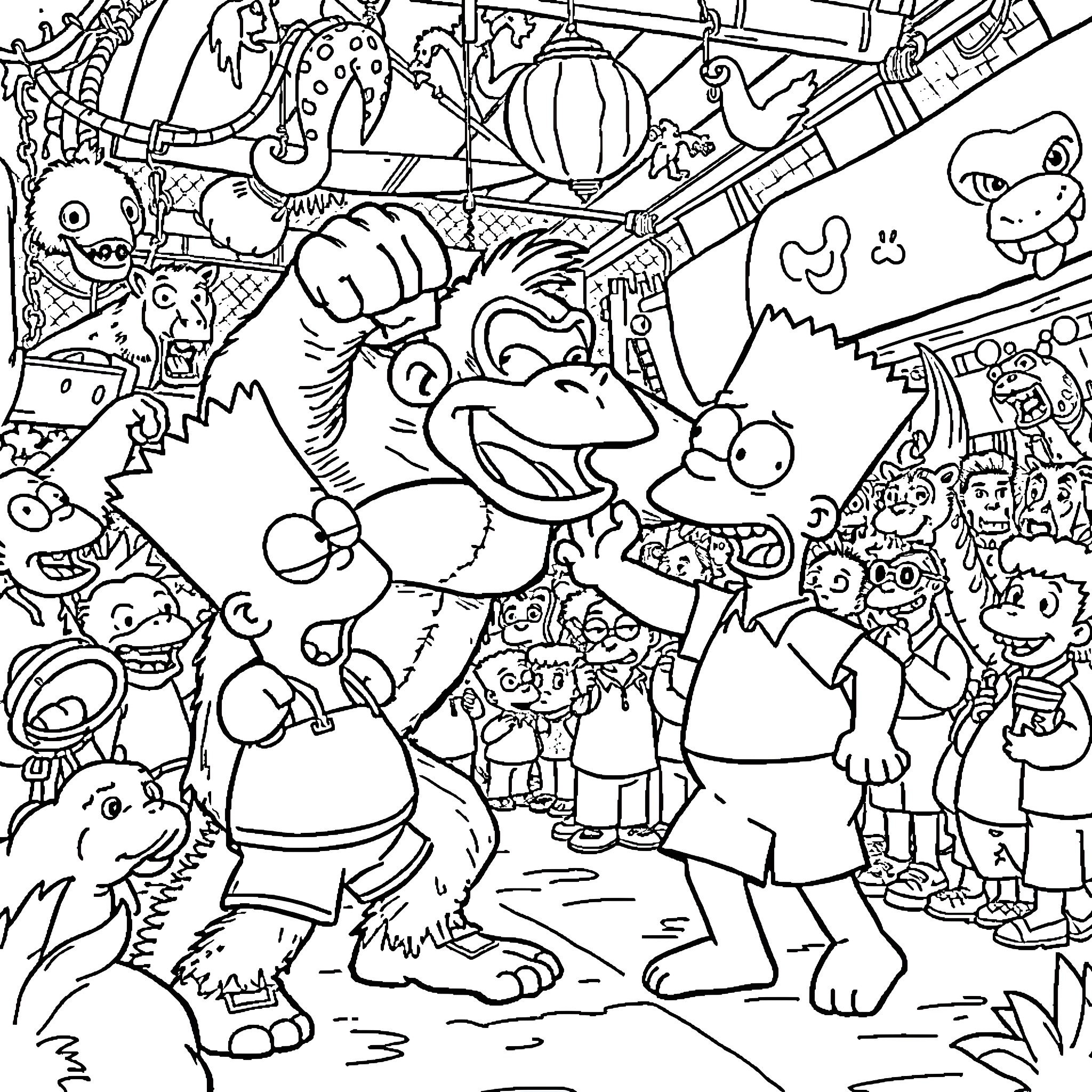 Donkey Kong and Friends in a Whimsical Adventure Coloring Page (free black-and-white line drawing printable PDF for all, from beginners to advanced learners, including children, teens, adults, and seniors)