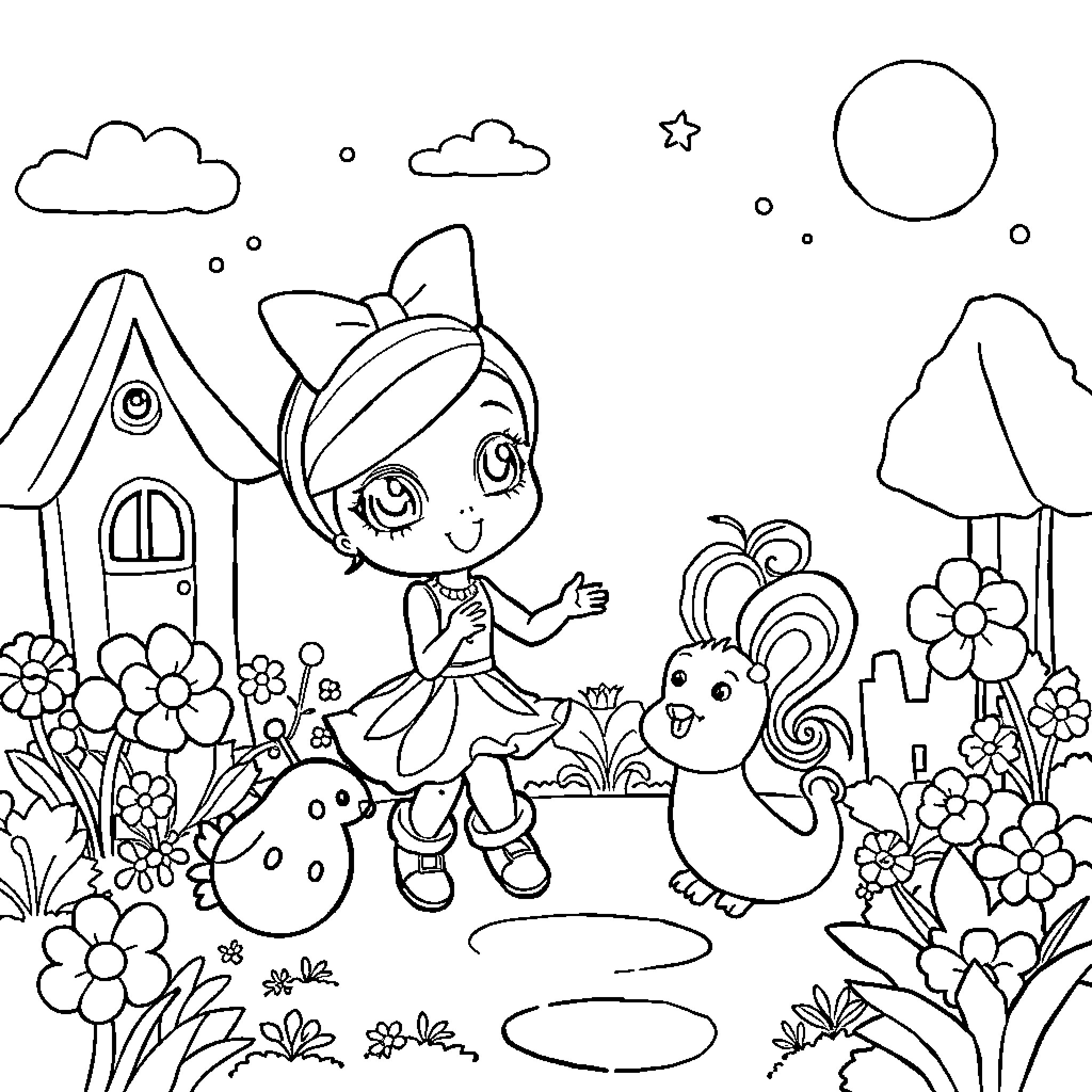 Polly Pocket playing with animal friends in a whimsical garden Coloring Page (free black-and-white line drawing printable PDF for all, from beginners to advanced learners, including children, teens, adults, and seniors)