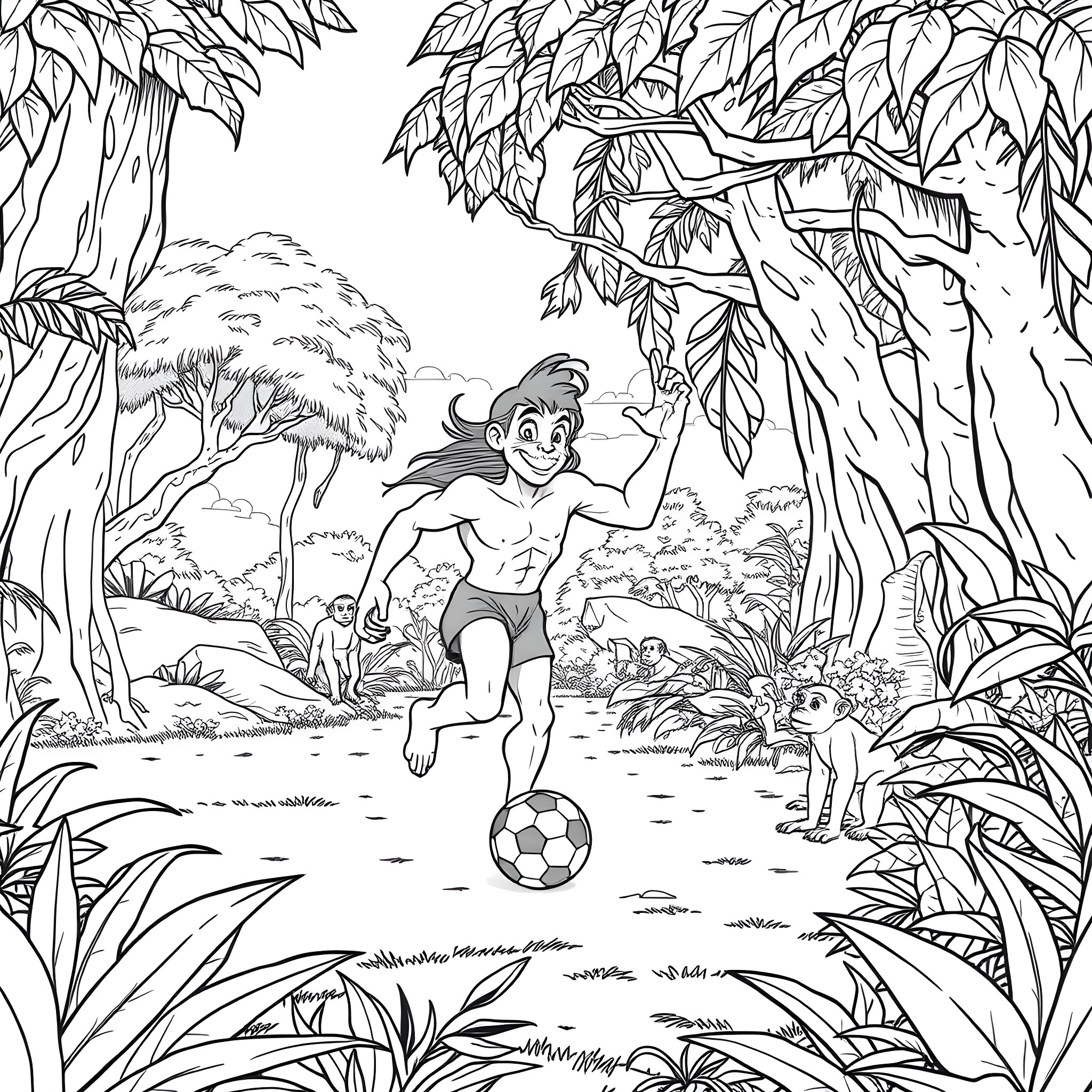Tarzan playing joyfully with a soccer ball in the jungle Coloring Page (free black-and-white line drawing printable PDF for all, from beginners to advanced learners, including children, teens, adults, and seniors)