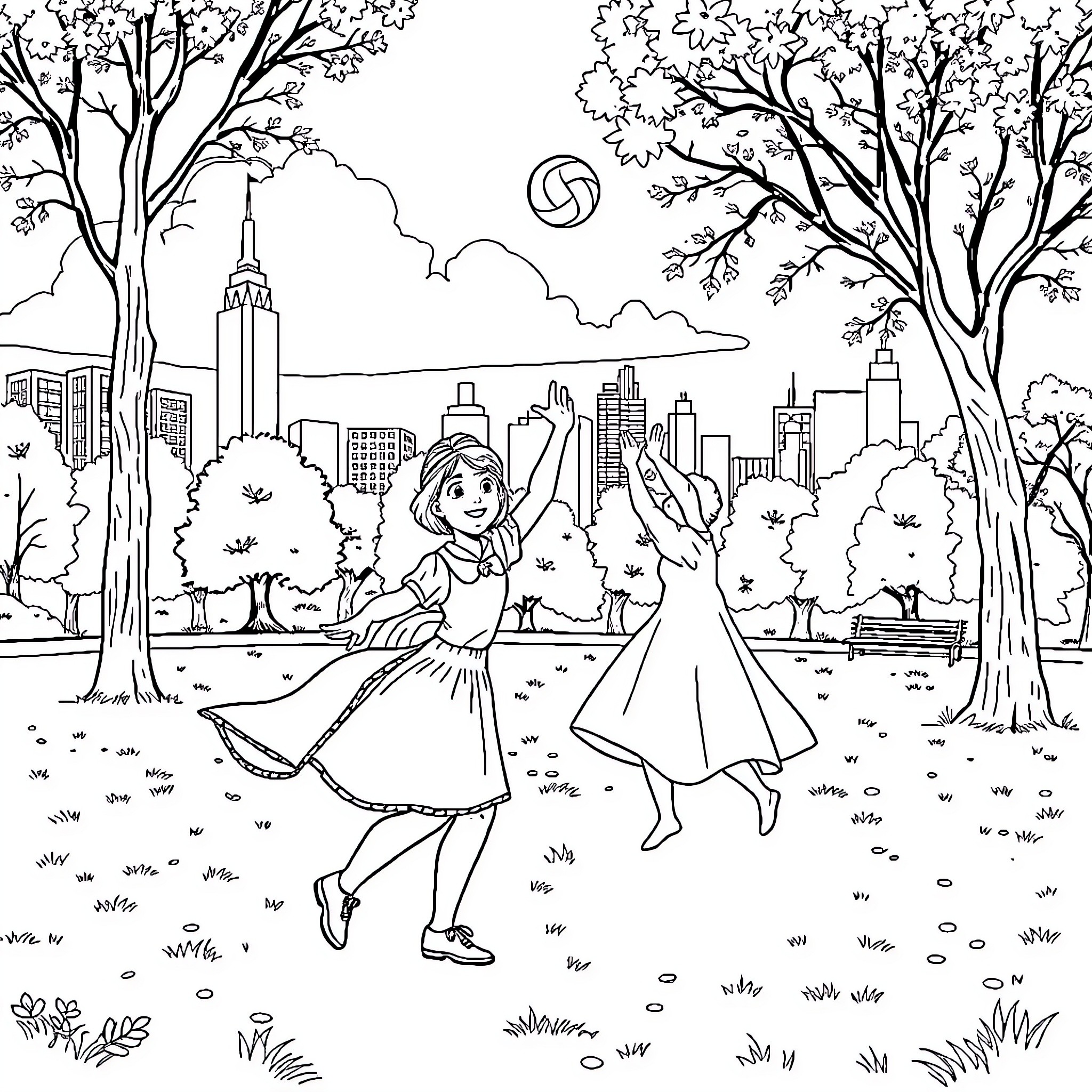 Ella dancing joyfully in the city park Coloring Page (free black-and-white line drawing printable PDF for all, from beginners to advanced learners, including children, teens, adults, and seniors)
