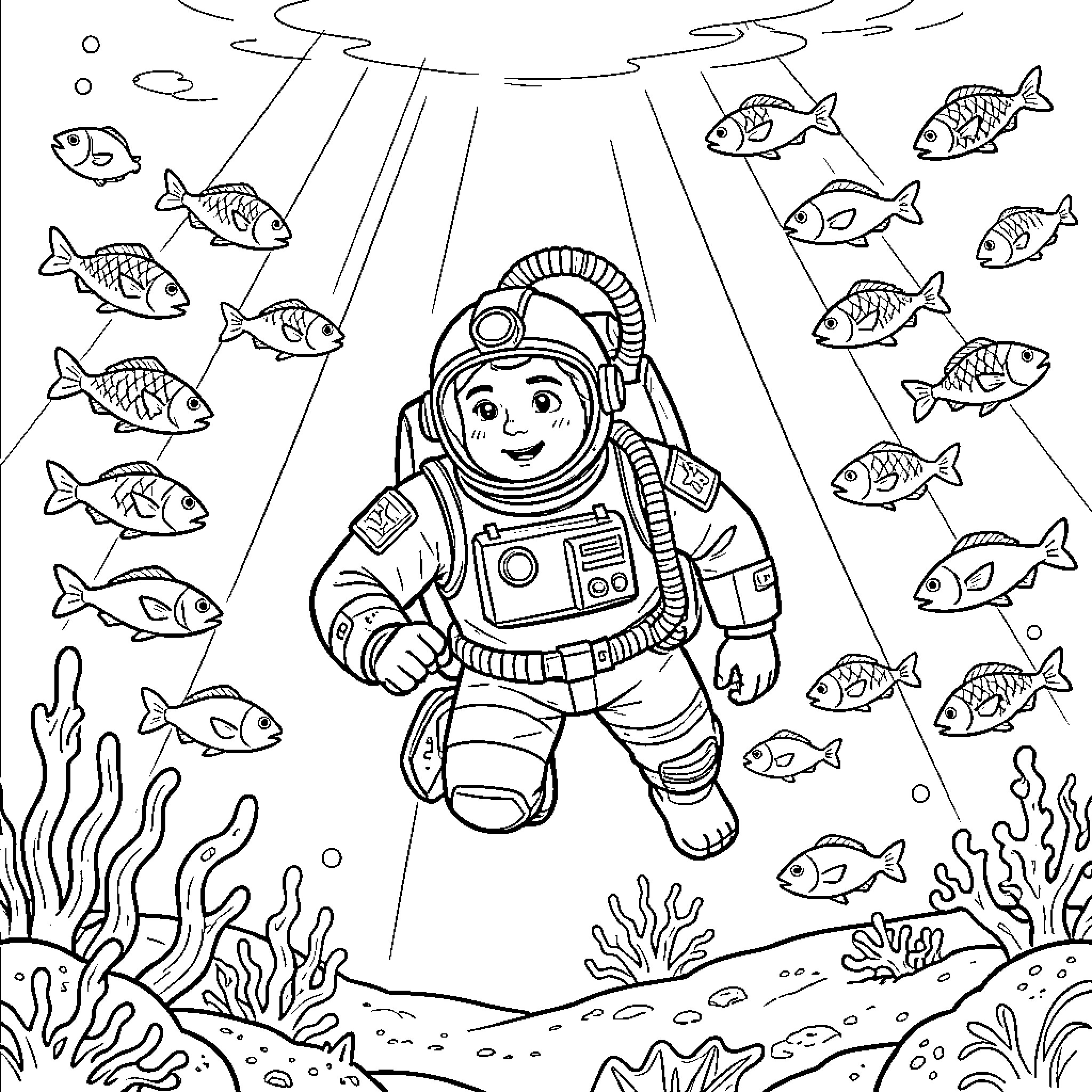 Submariner floating among schools of fish underwater Coloring Page (free black-and-white line drawing printable PDF for all, from beginners to advanced learners, including children, teens, adults, and seniors)