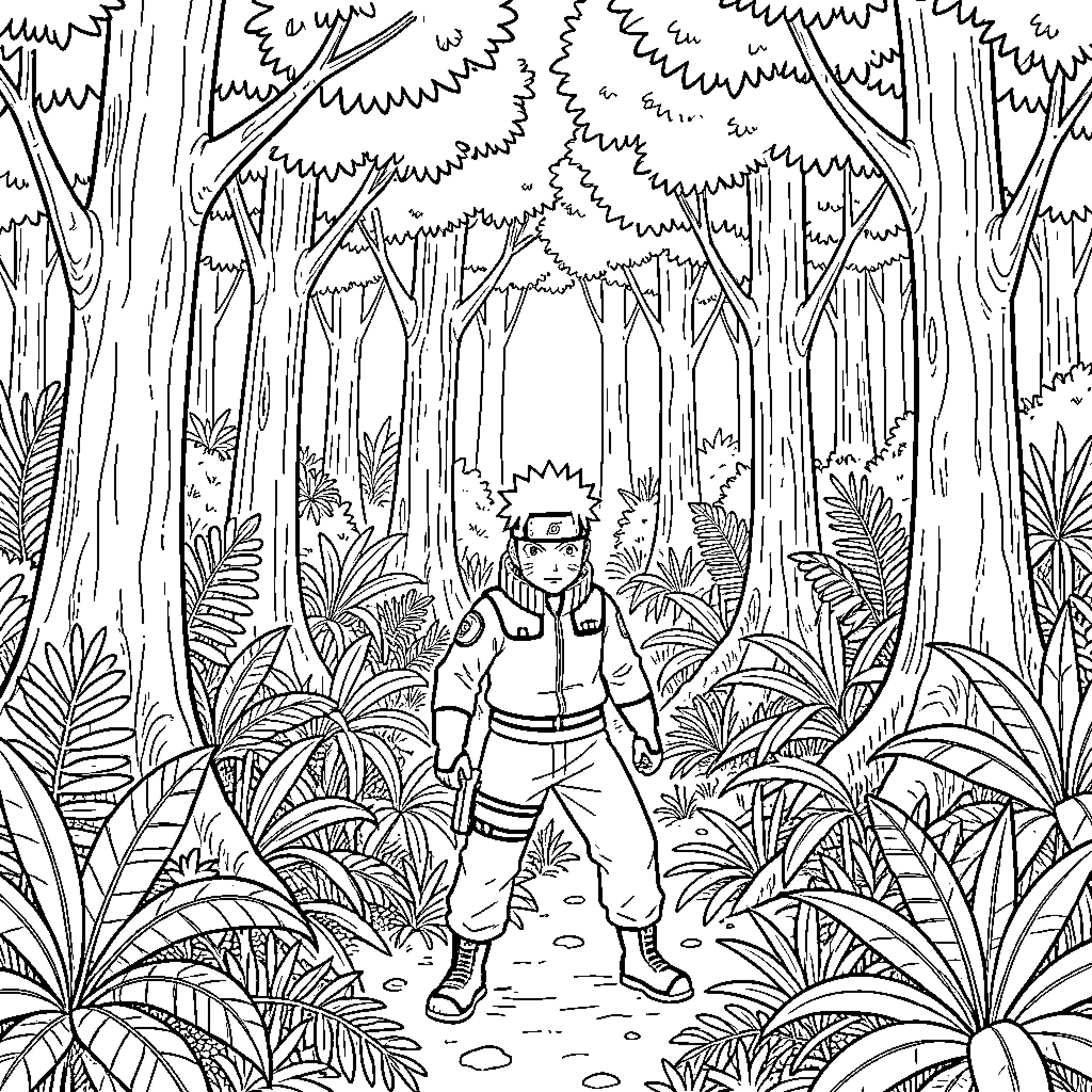 Naruto standing amidst a dense forest landscape Coloring Page (free black-and-white line drawing printable PDF for all, from beginners to advanced learners, including children, teens, adults, and seniors)