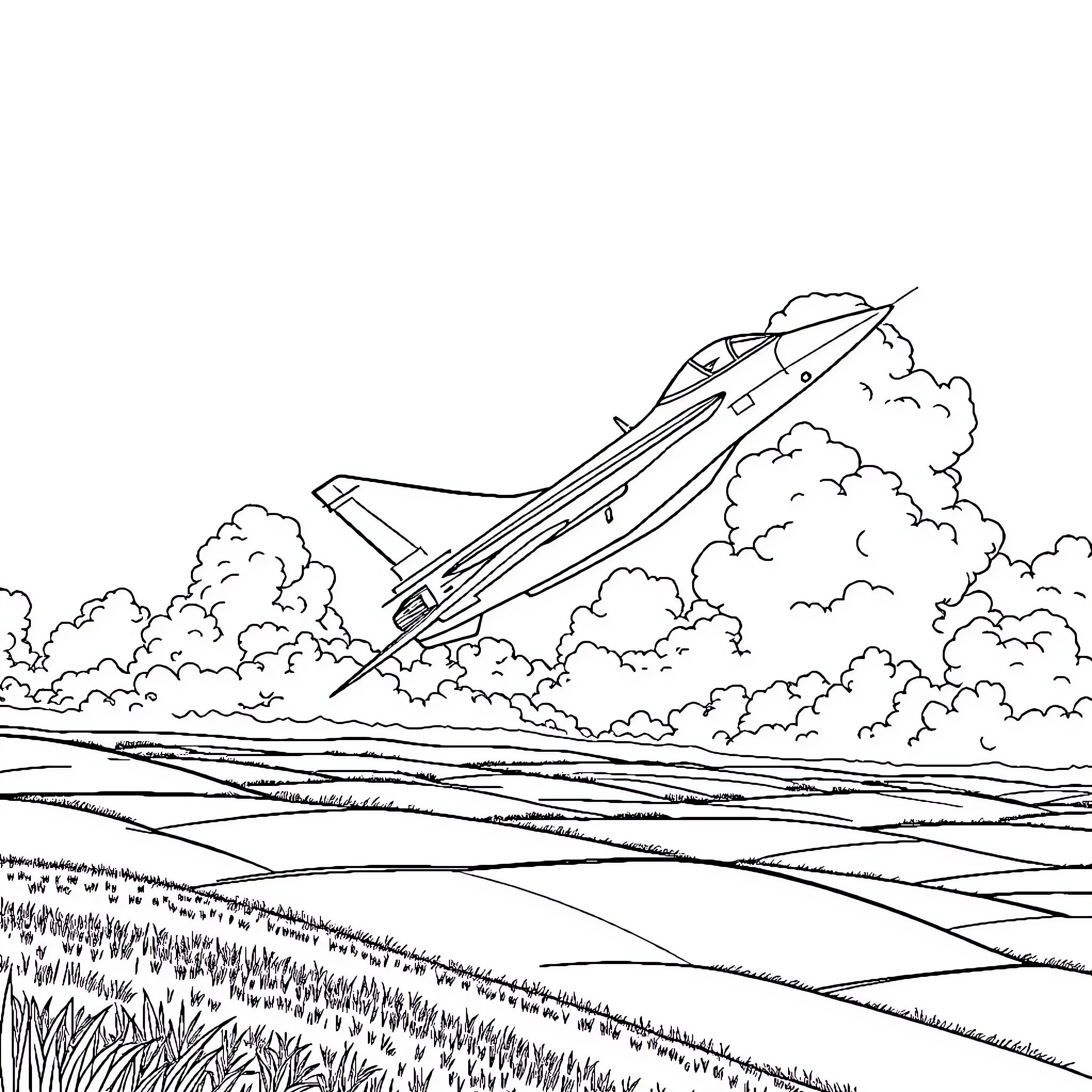 Jet Fighter soaring through cloudy skies over rural landscape Coloring Page (free black-and-white line drawing printable PDF for all, from beginners to advanced learners, including children, teens, adults, and seniors)