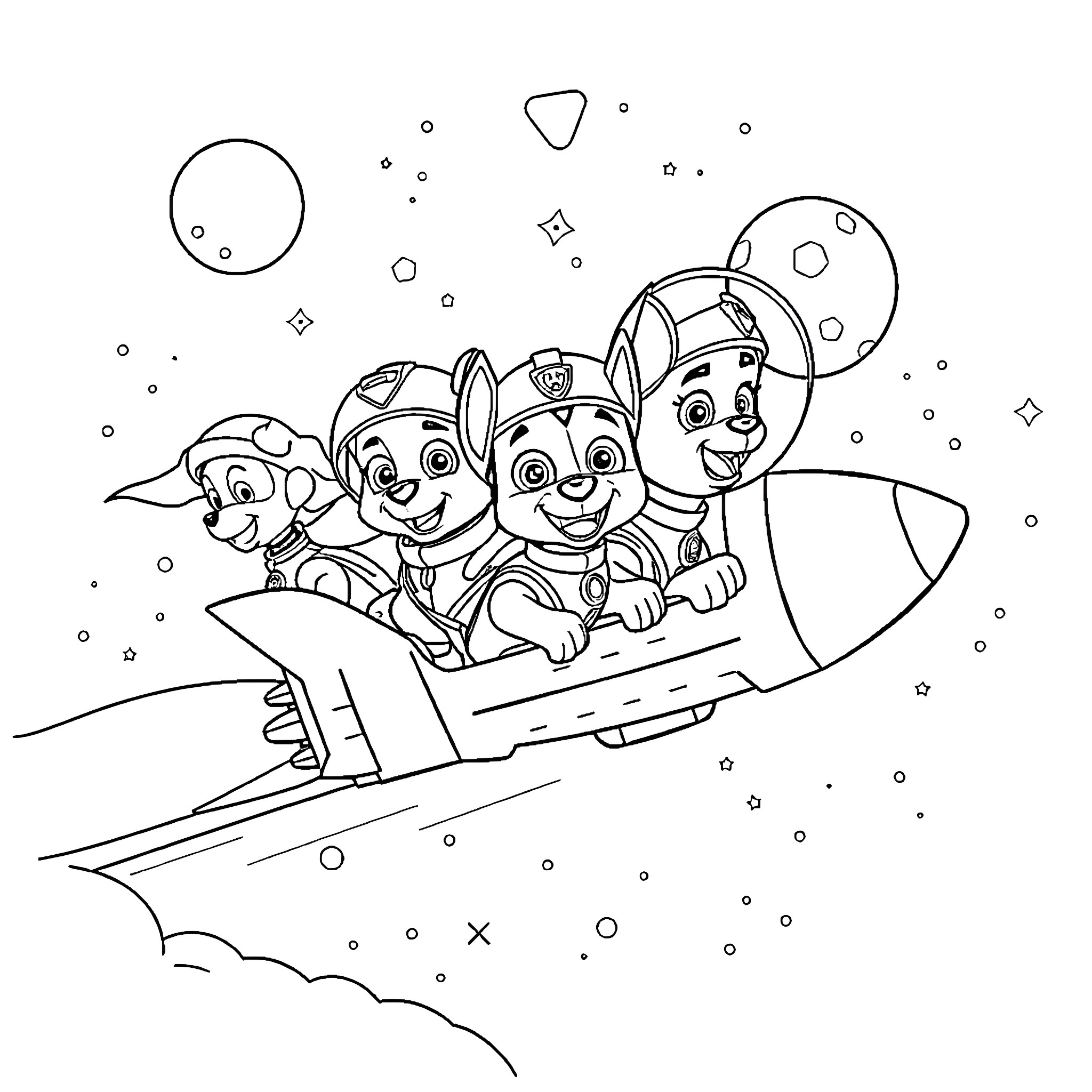 Paw Patrol on an Exciting Space Adventure Coloring Page (free black-and-white line drawing printable PDF for all, from beginners to advanced learners, including children, teens, adults, and seniors)