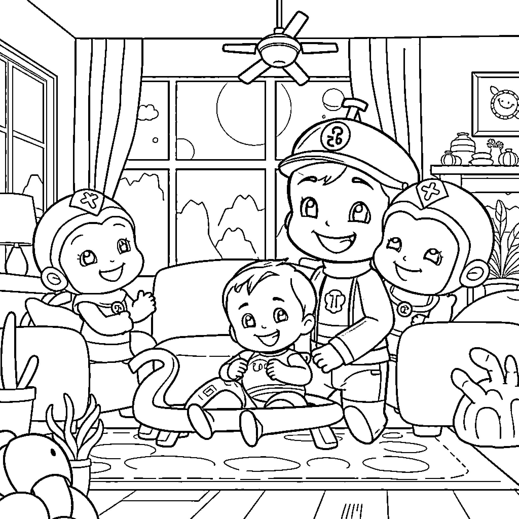 Octonauts playing joyfully in their underwater home Coloring Page (free black-and-white line drawing printable PDF for all, from beginners to advanced learners, including children, teens, adults, and seniors)