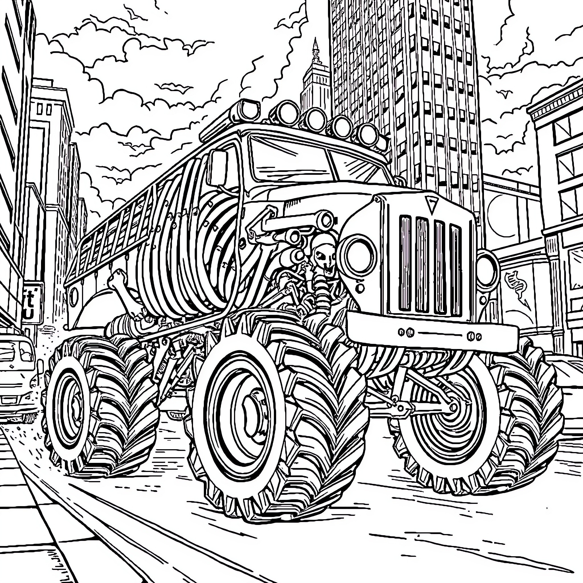 Monster Truck Crushing Through the City Streets Coloring Page (free black-and-white line drawing printable PDF for all, from beginners to advanced learners, including children, teens, adults, and seniors)