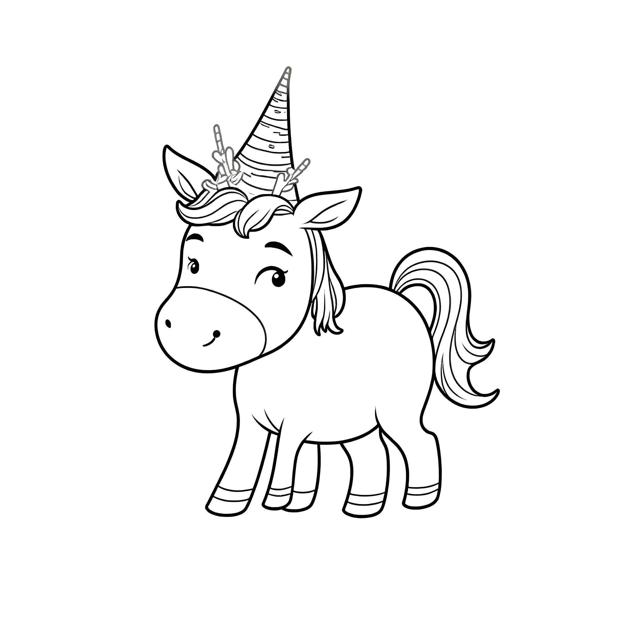 Unicorn pony with a happy expression Coloring Page (free black-and-white line drawing printable PDF for all, from beginners to advanced learners, including children, teens, adults, and seniors)