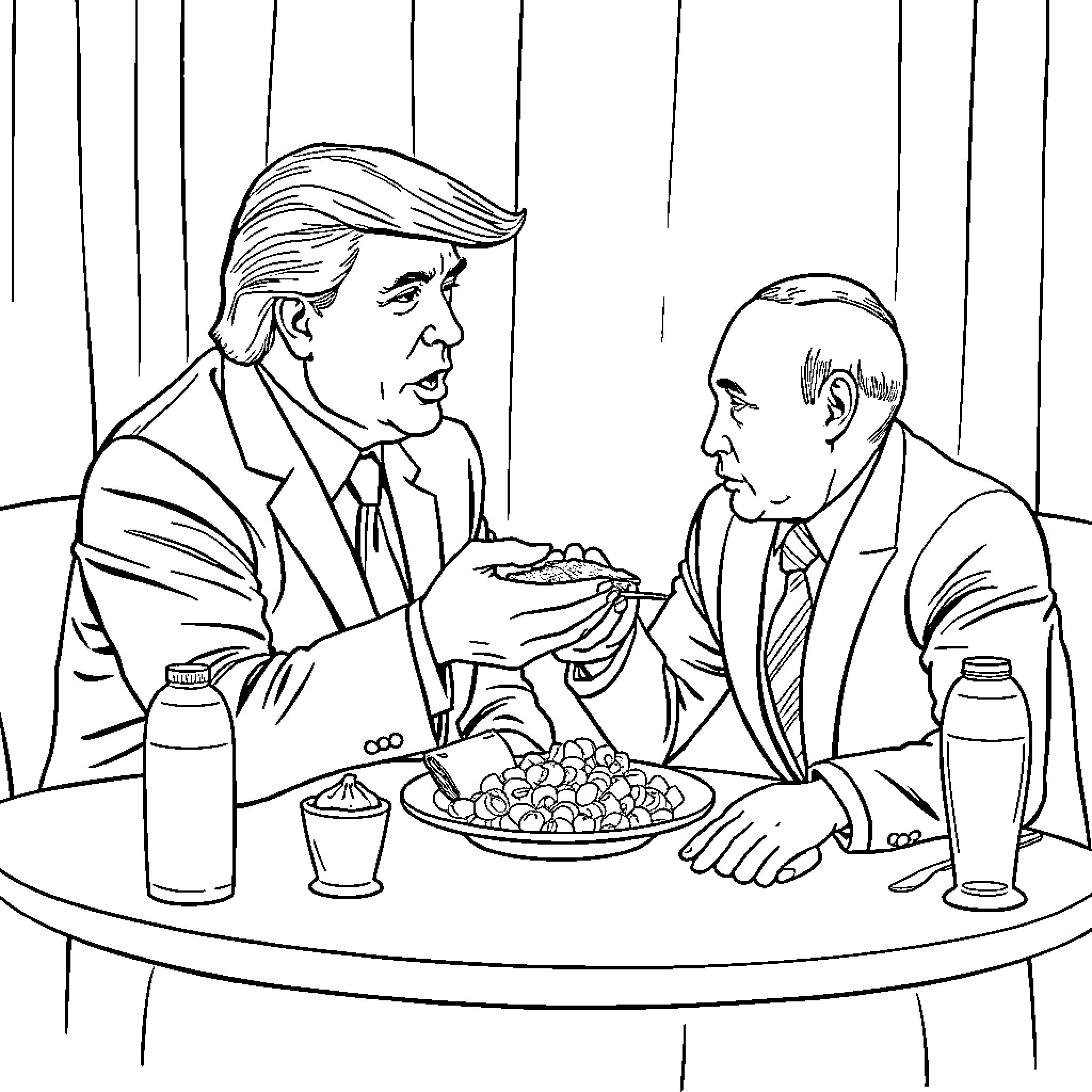Donald Trump and Putin Dining Together Coloring Page (free black-and-white line drawing printable PDF for all, from beginners to advanced learners, including children, teens, adults, and seniors)
