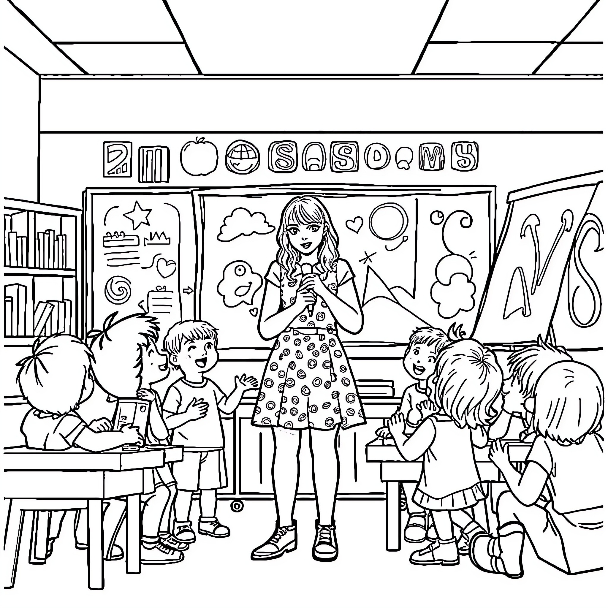 Taylor Swift Interacting with Students in Classroom Coloring Page (free black-and-white line drawing printable PDF for all, from beginners to advanced learners, including children, teens, adults, and seniors)