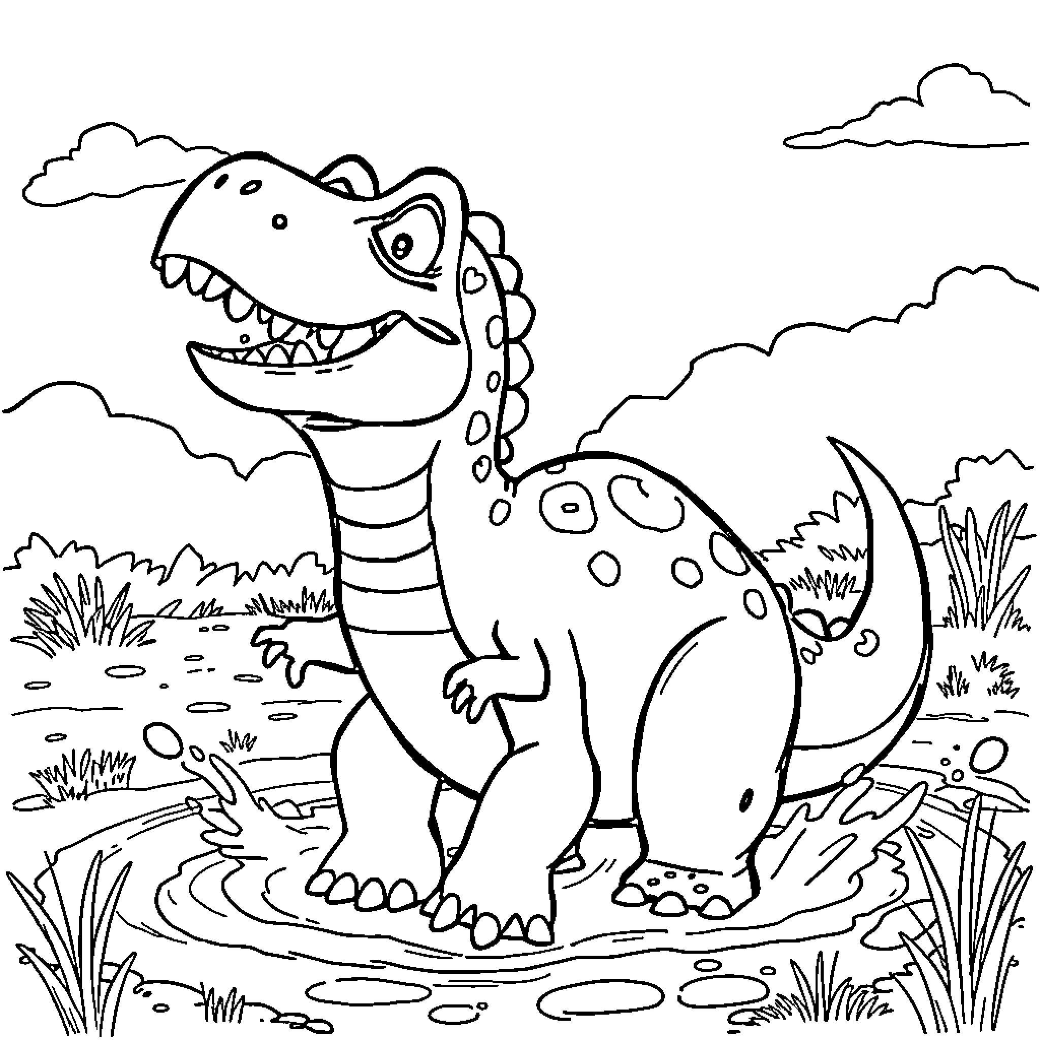 Dinosaur roaring in a nature scene Coloring Page (free black-and-white line drawing printable PDF for all, from beginners to advanced learners, including children, teens, adults, and seniors)