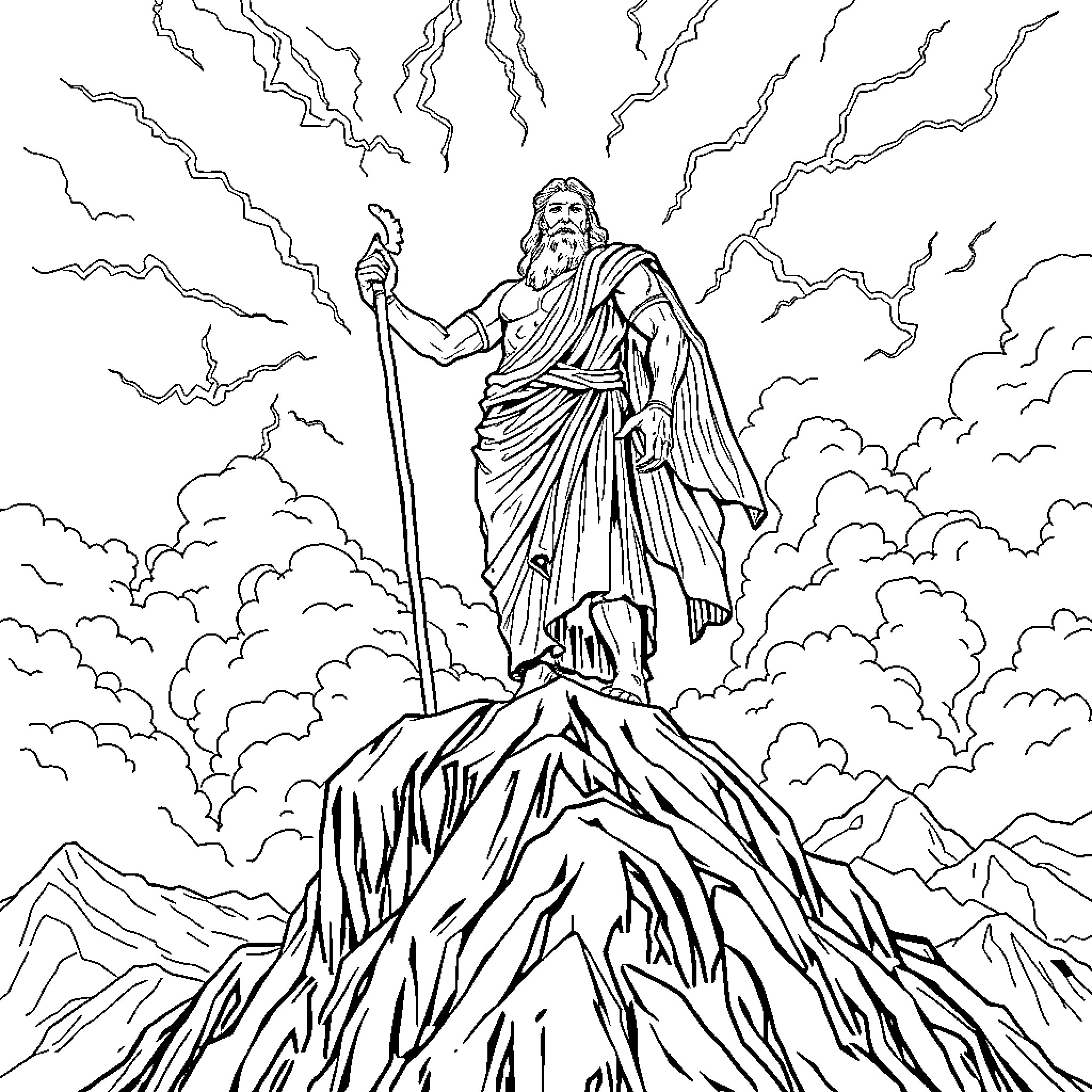 Greek God Wielding Lightning Amidst Stormy Skies Coloring Page (free black-and-white line drawing printable PDF for all, from beginners to advanced learners, including children, teens, adults, and seniors)