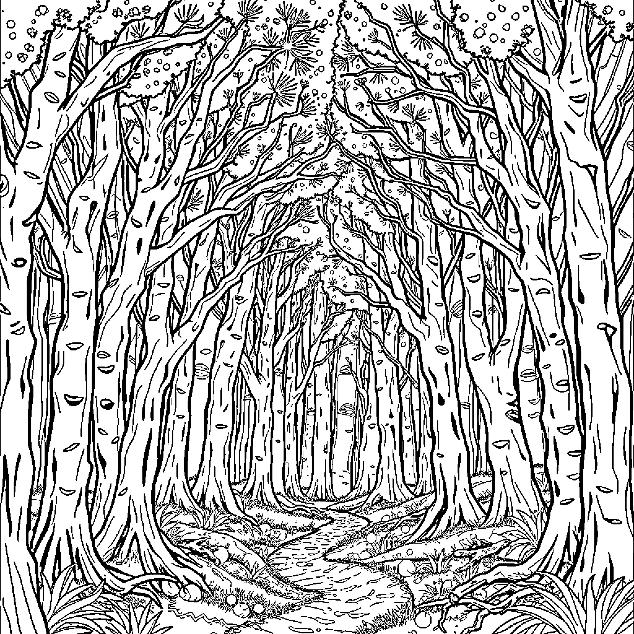 Enchanted Forest Pathway Through the Woods Coloring Page (free black-and-white line drawing printable PDF for all, from beginners to advanced learners, including children, teens, adults, and seniors)