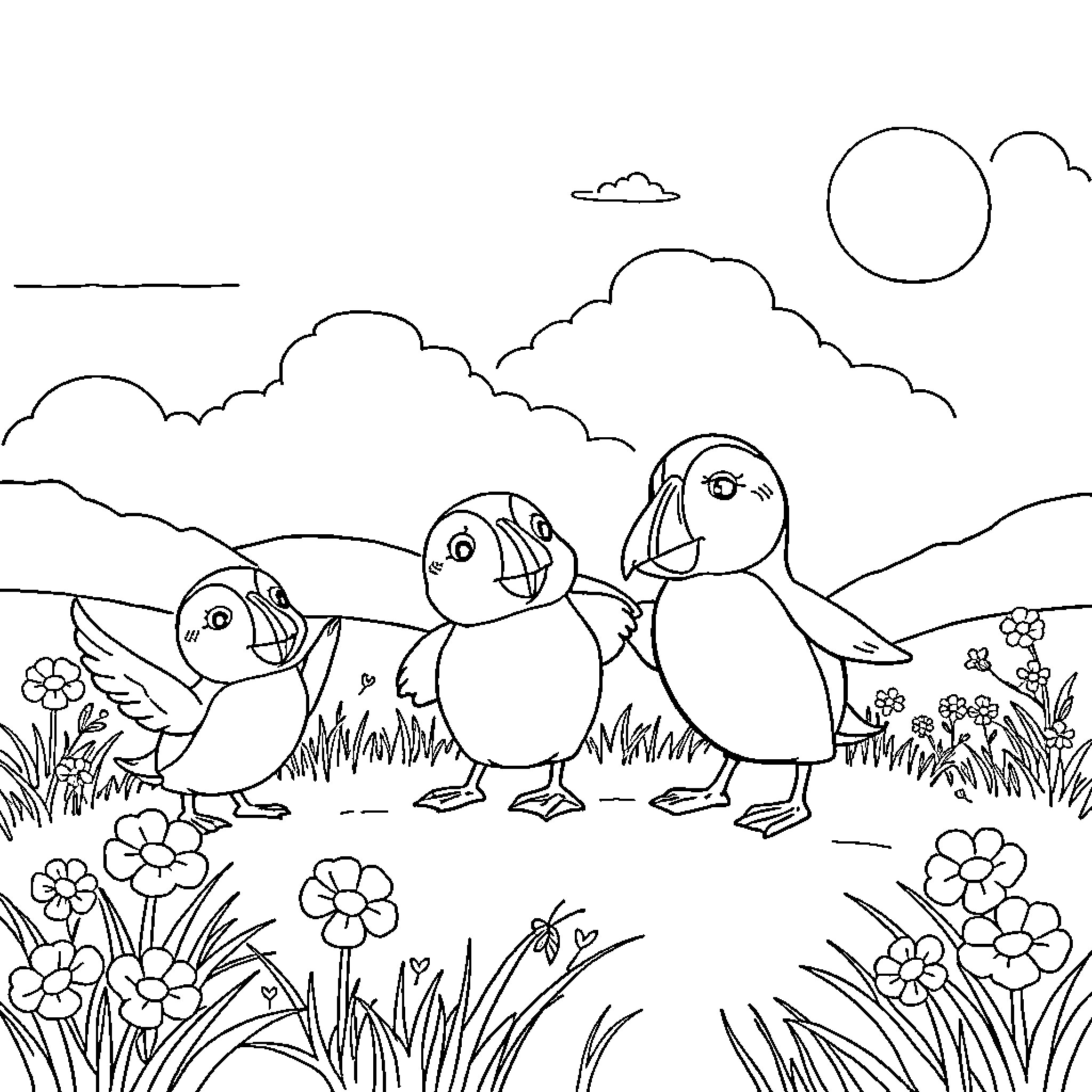 Puffin Trio in a Flower-Filled Meadow Coloring Page (free black-and-white line drawing printable PDF for all, from beginners to advanced learners, including children, teens, adults, and seniors)