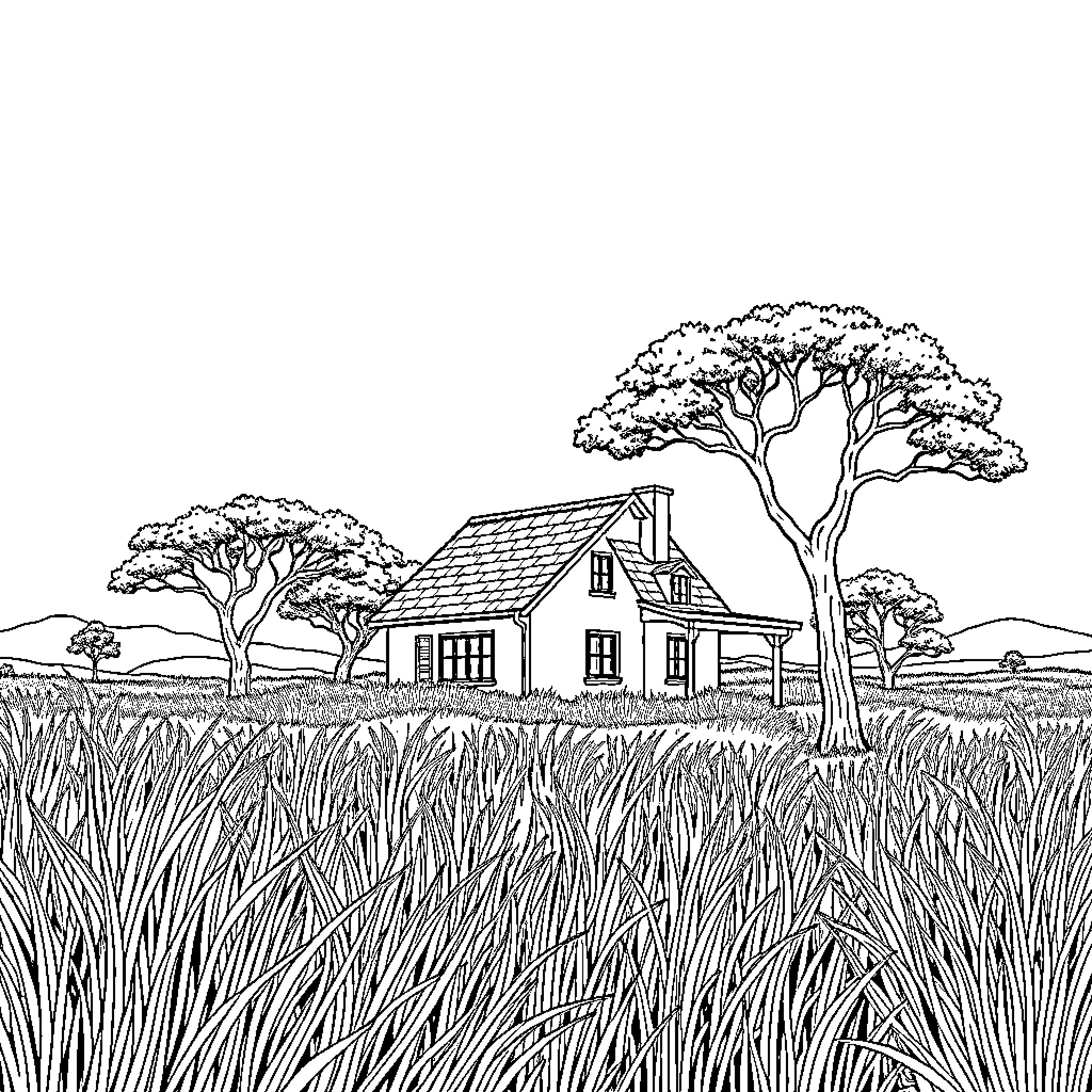 House surrounded by lush vegetation and trees Coloring Page (free black-and-white line drawing printable PDF for all, from beginners to advanced learners, including children, teens, adults, and seniors)