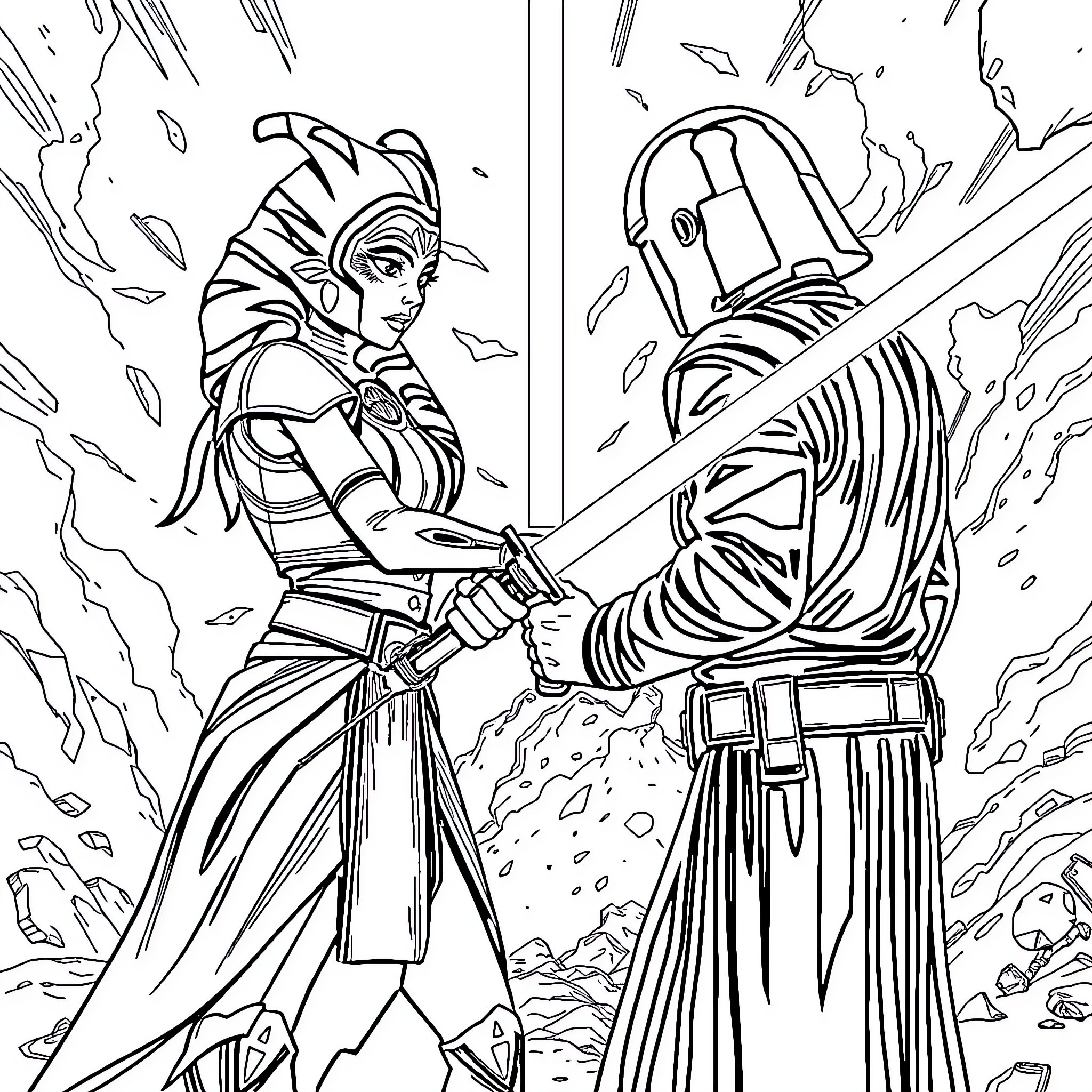 Ahsoka Tano facing off against a formidable opponent Coloring Page (free black-and-white line drawing printable PDF for all, from beginners to advanced learners, including children, teens, adults, and seniors)