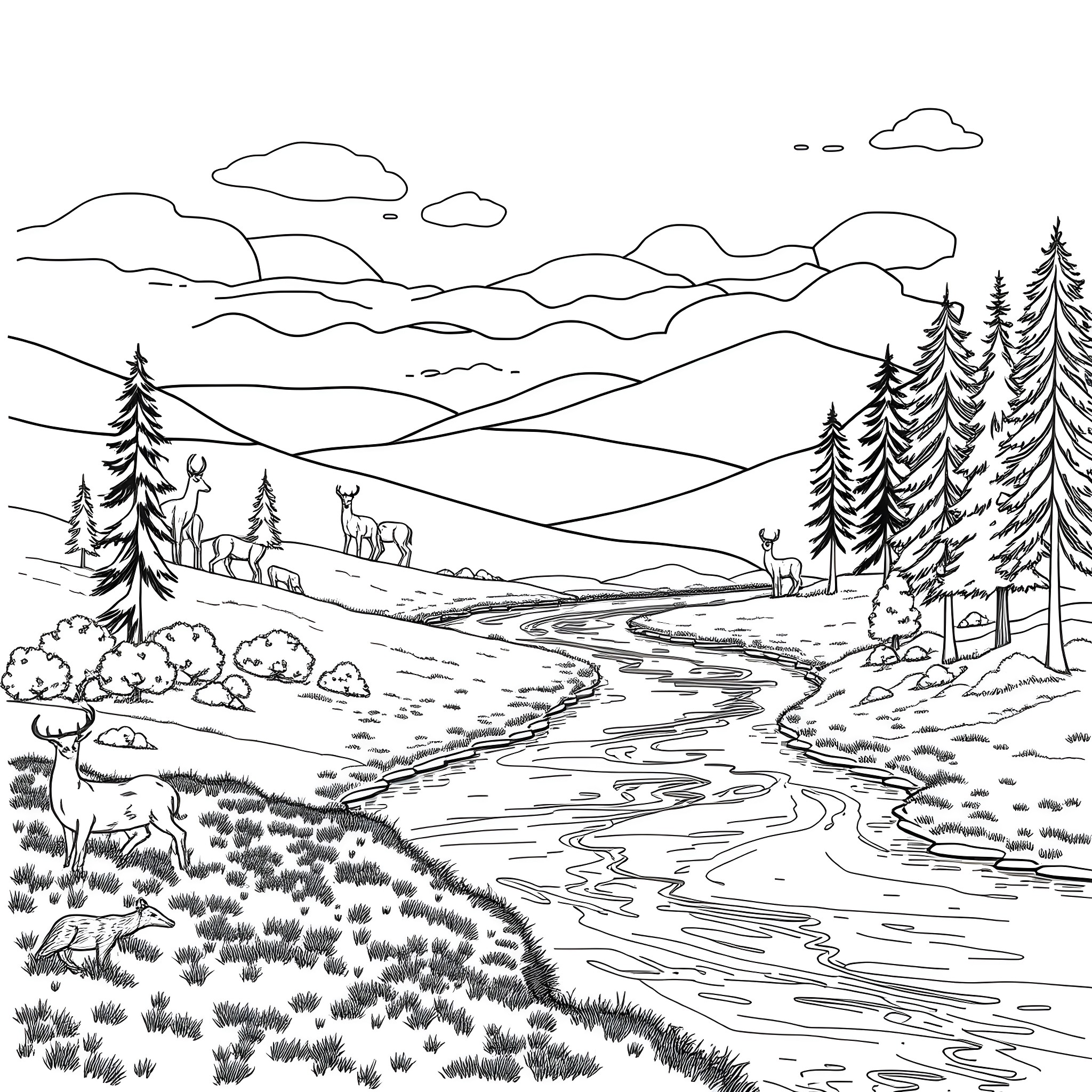 Deer grazing in a serene forest landscape Coloring Page (free black-and-white line drawing printable PDF for all, from beginners to advanced learners, including children, teens, adults, and seniors)