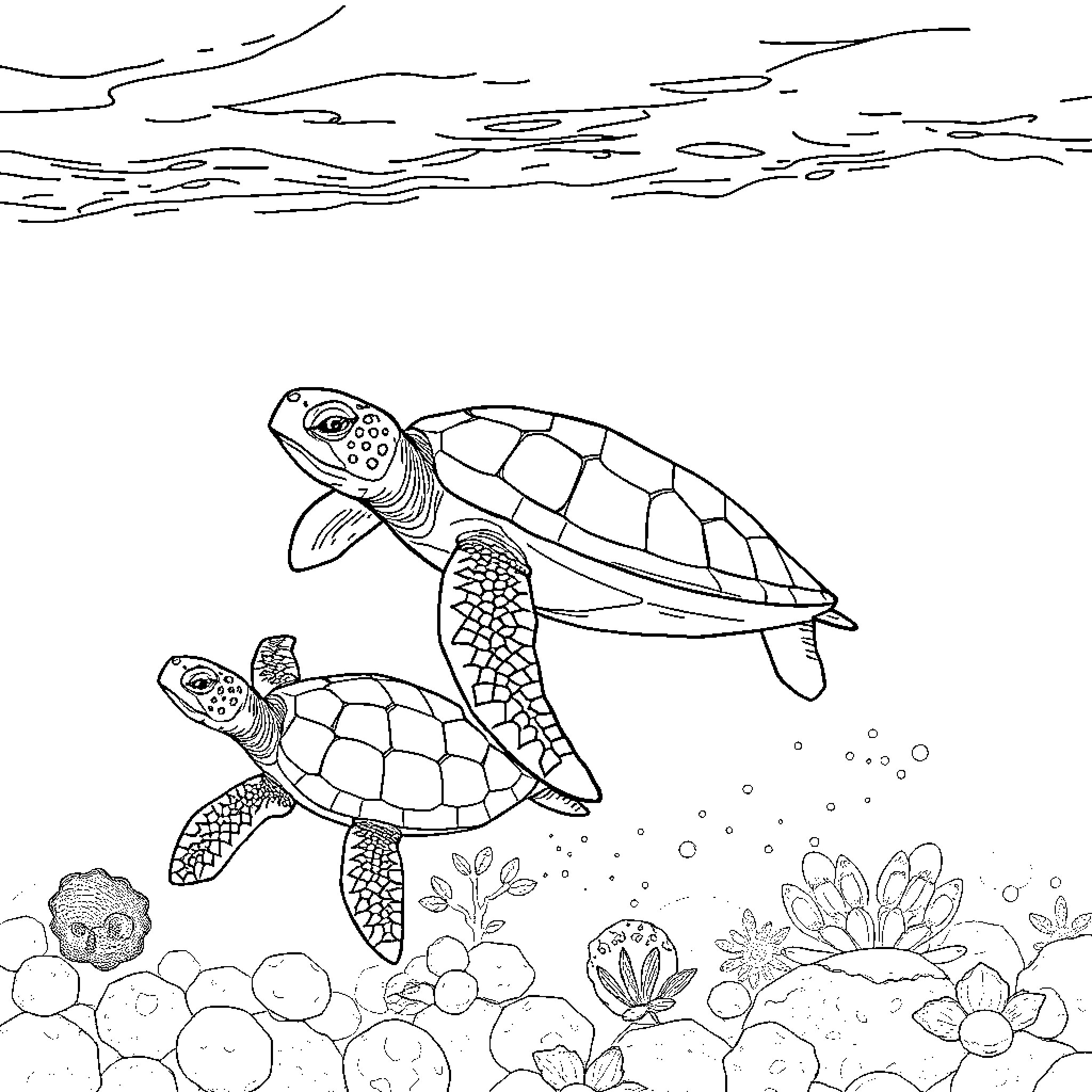 Turtle swimming in the ocean with coral Coloring Page (free black-and-white line drawing printable PDF for all, from beginners to advanced learners, including children, teens, adults, and seniors)