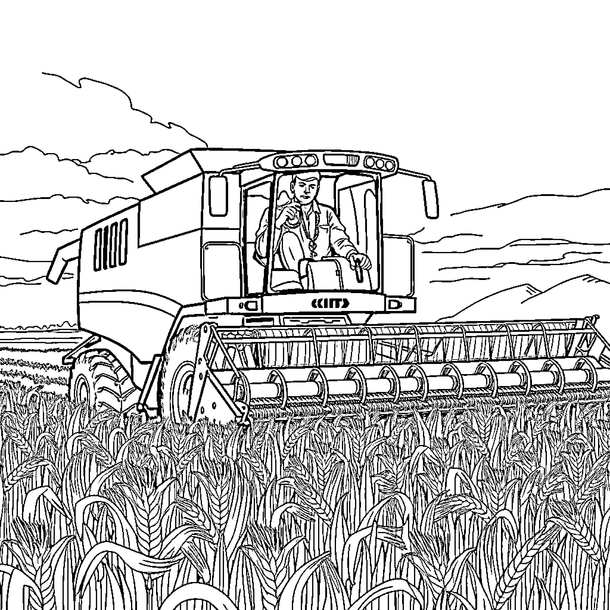 Man operating agricultural machinery in the field Coloring Page (free black-and-white line drawing printable PDF for all, from beginners to advanced learners, including children, teens, adults, and seniors)