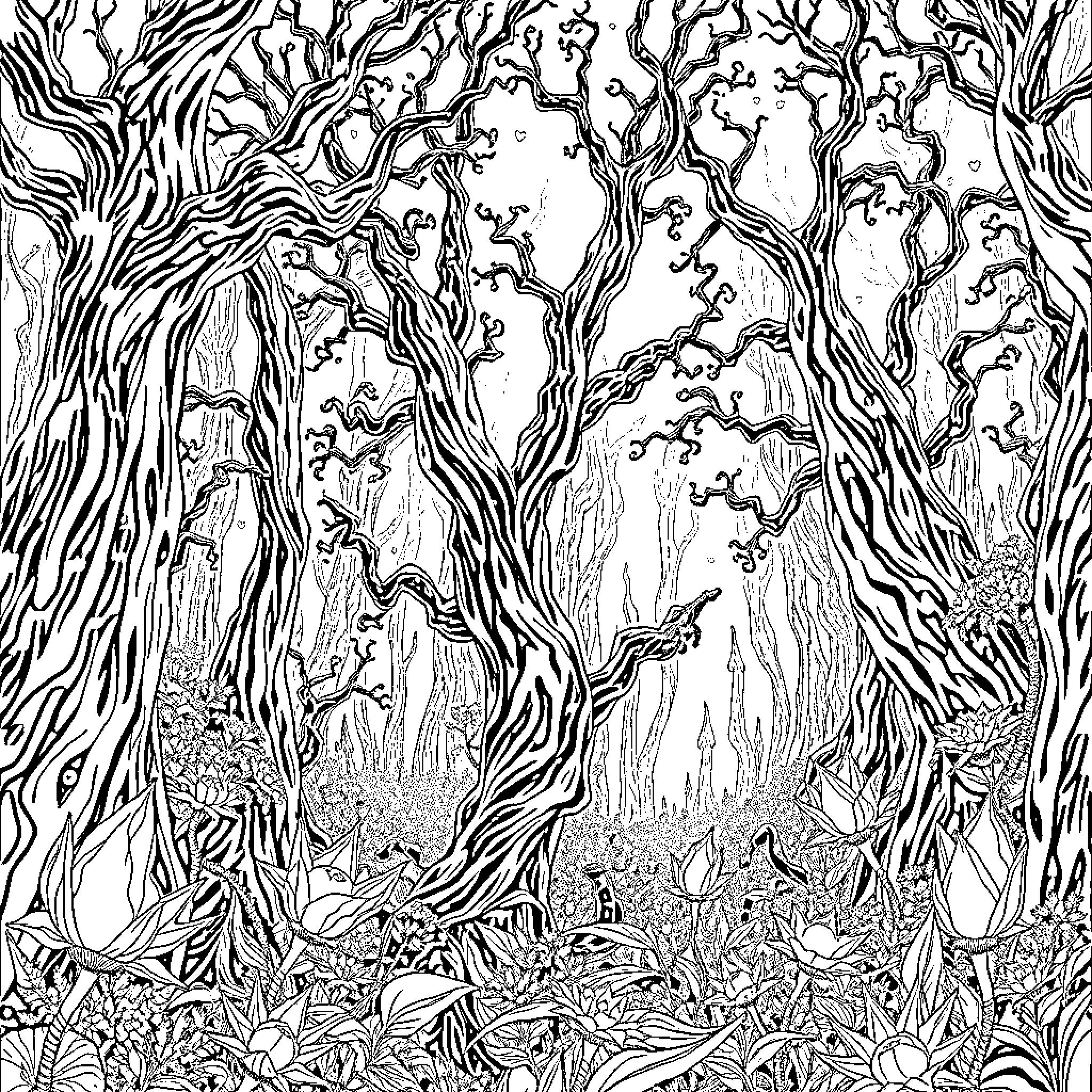 Forest of Twisted, Gnarled Trees Coloring Page (free black-and-white line drawing printable PDF for all, from beginners to advanced learners, including children, teens, adults, and seniors)
