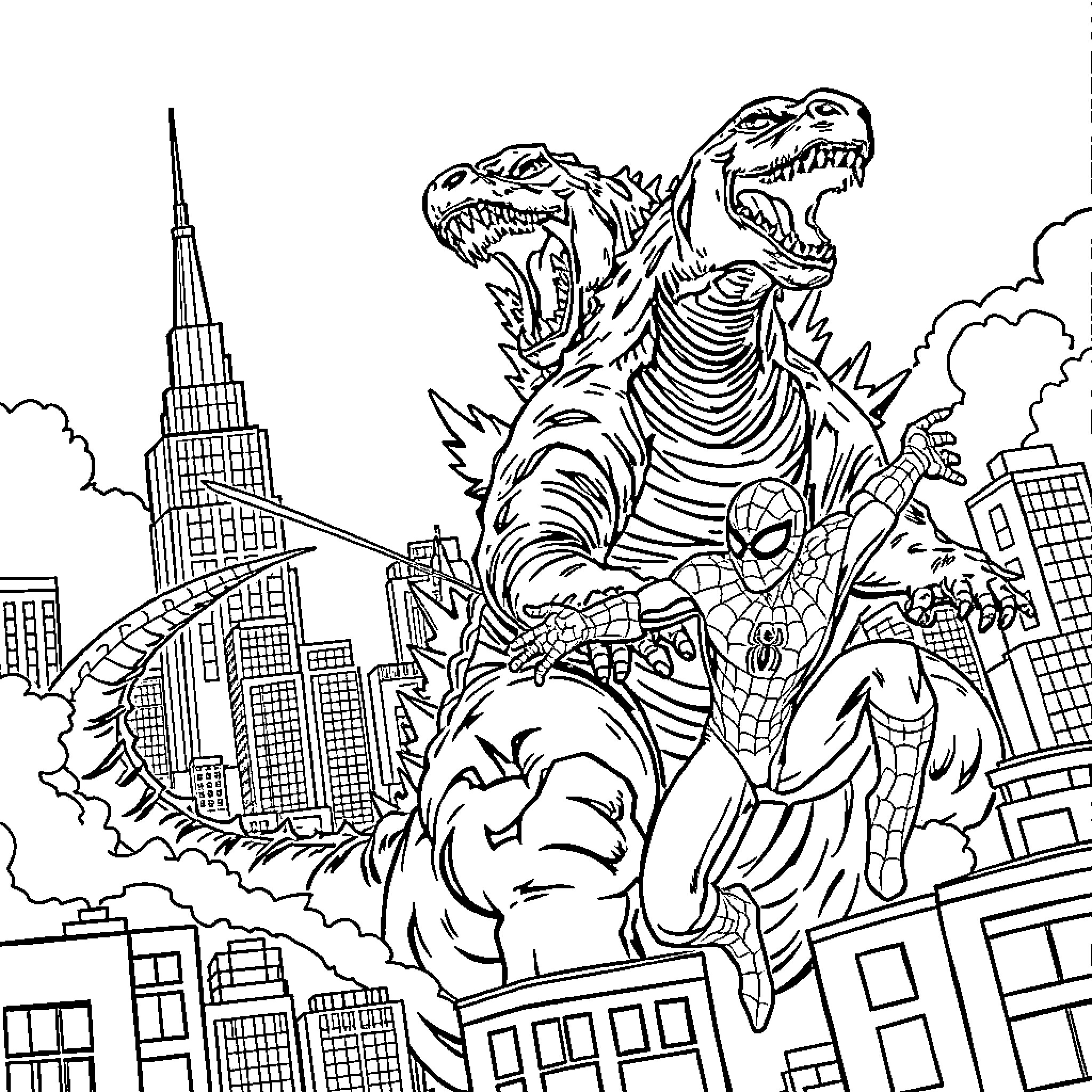 Godzilla rampaging through the city with Spiderman Coloring Page (free black-and-white line drawing printable PDF for all, from beginners to advanced learners, including children, teens, adults, and seniors)