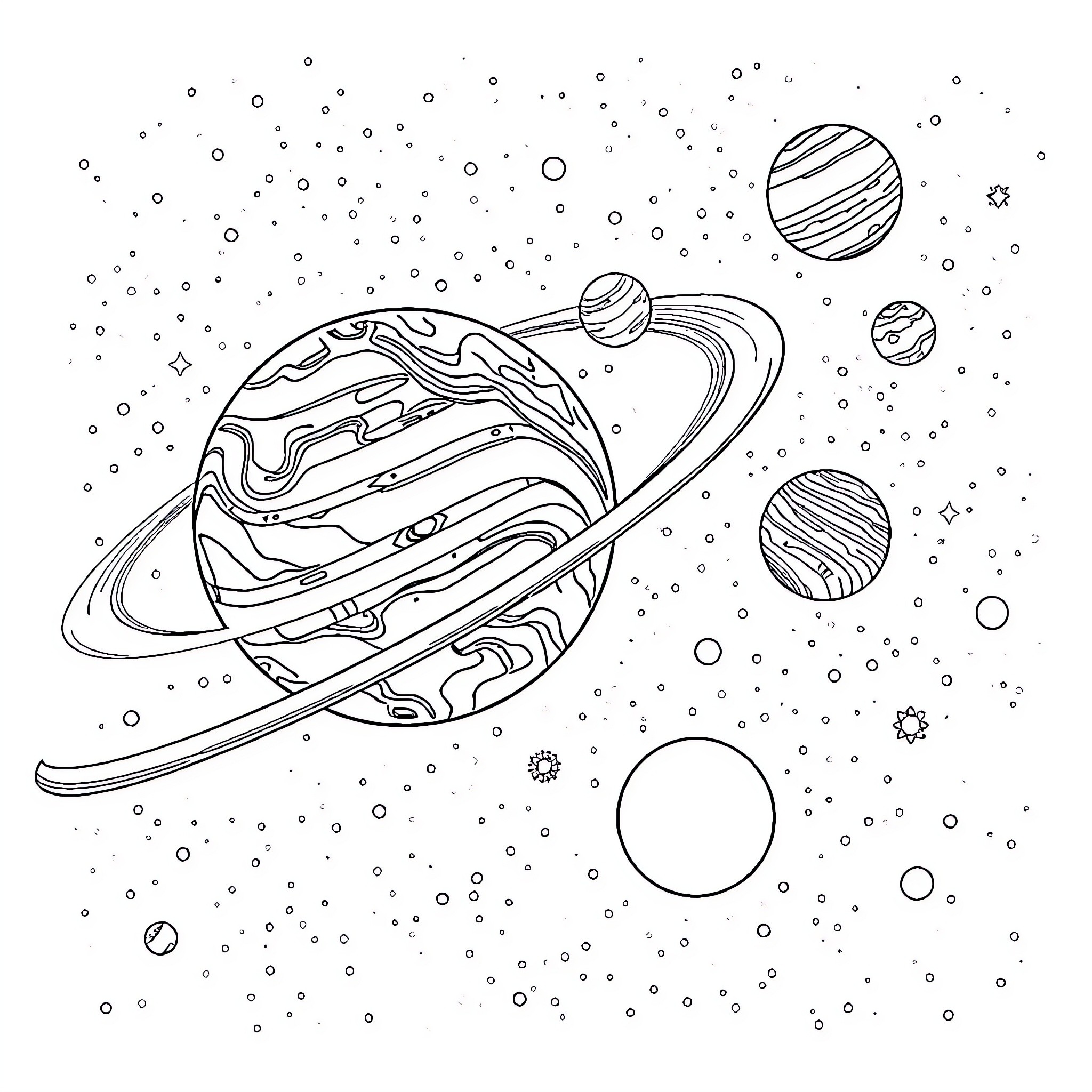 Planet and cosmic objects floating in space Coloring Page (free black-and-white line drawing printable PDF for all, from beginners to advanced learners, including children, teens, adults, and seniors)