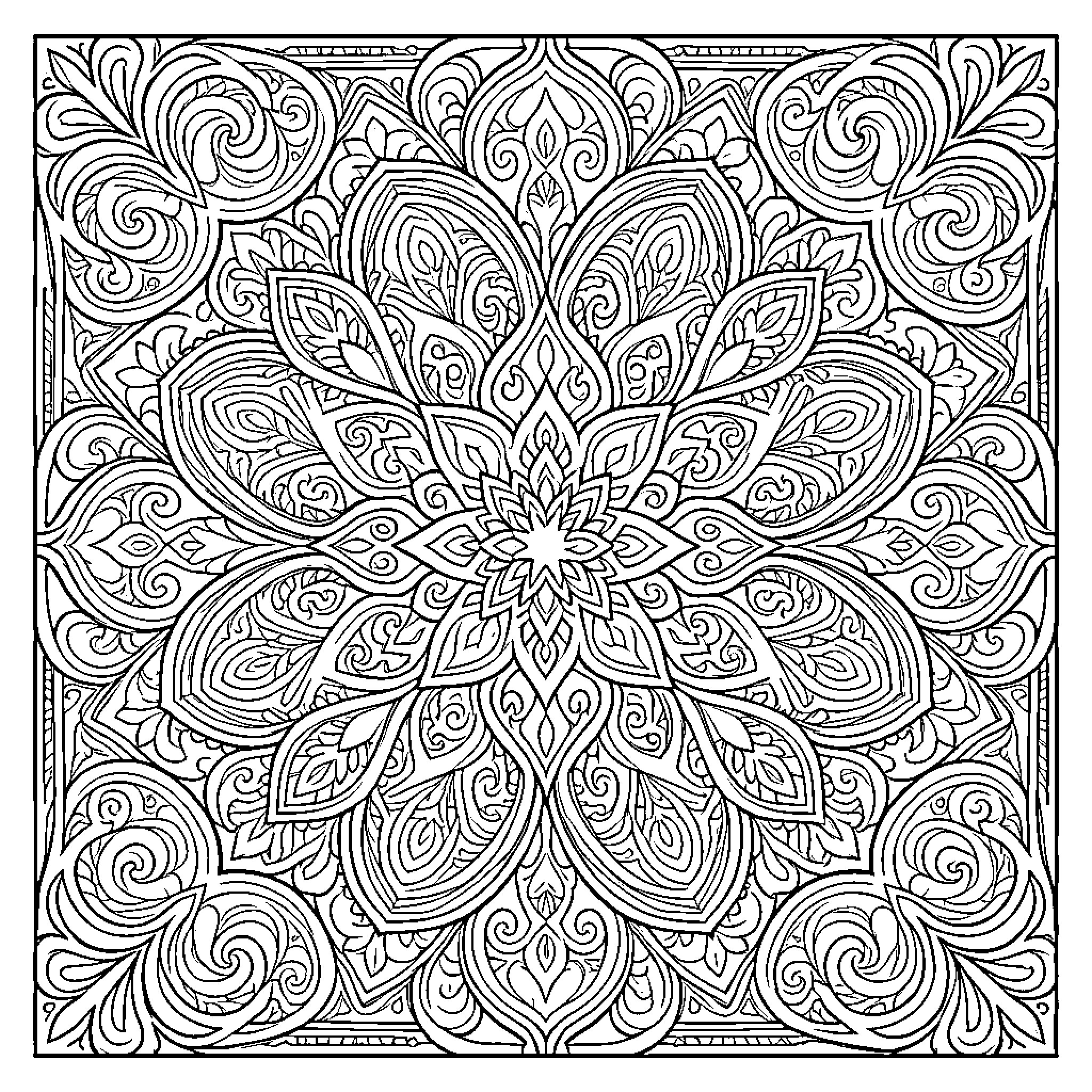 Mandala with intricate floral and geometric patterns Coloring Page (free black-and-white line drawing printable PDF for all, from beginners to advanced learners, including children, teens, adults, and seniors)