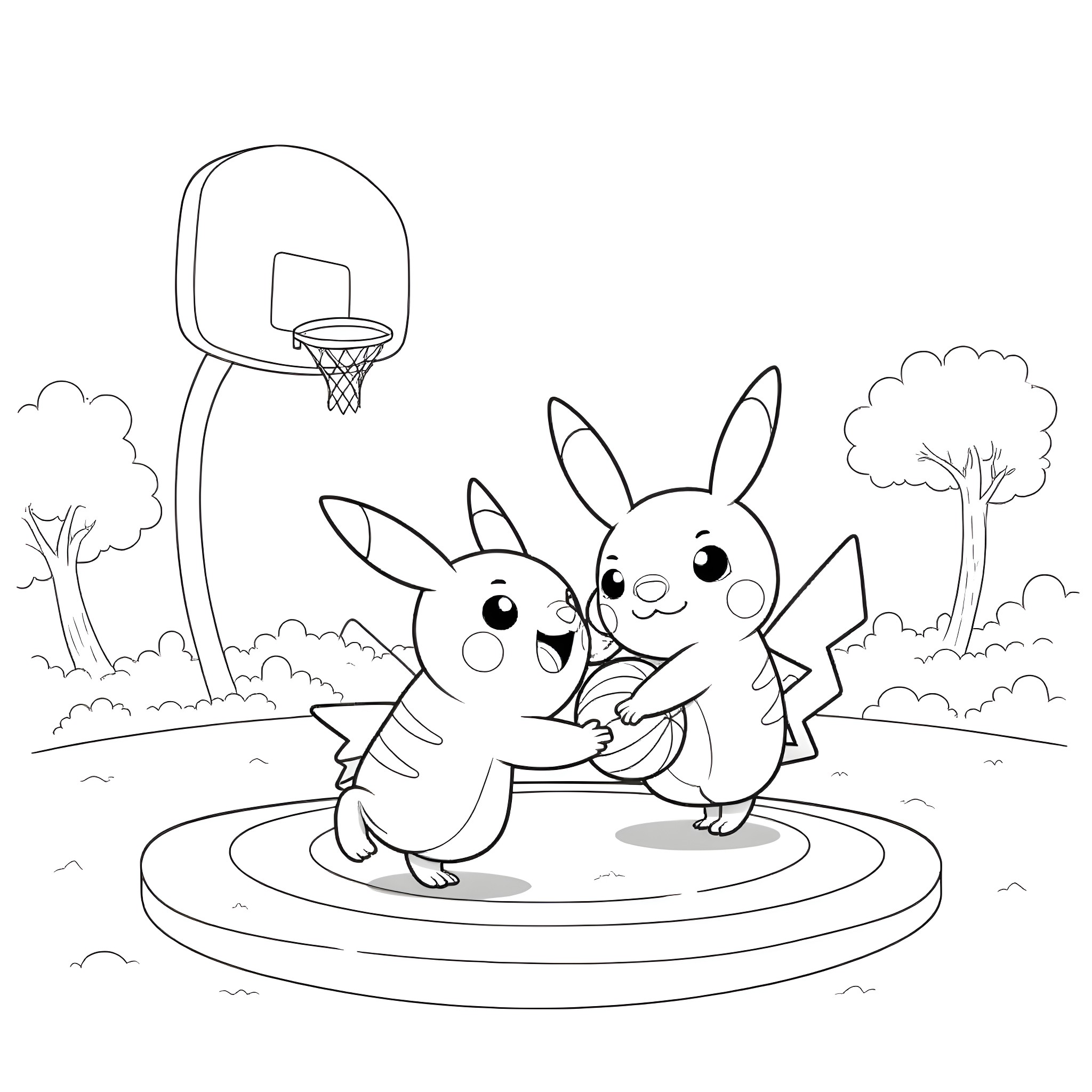 Pikachu playing basketball with friends Coloring Page (free black-and-white line drawing printable PDF for all, from beginners to advanced learners, including children, teens, adults, and seniors)