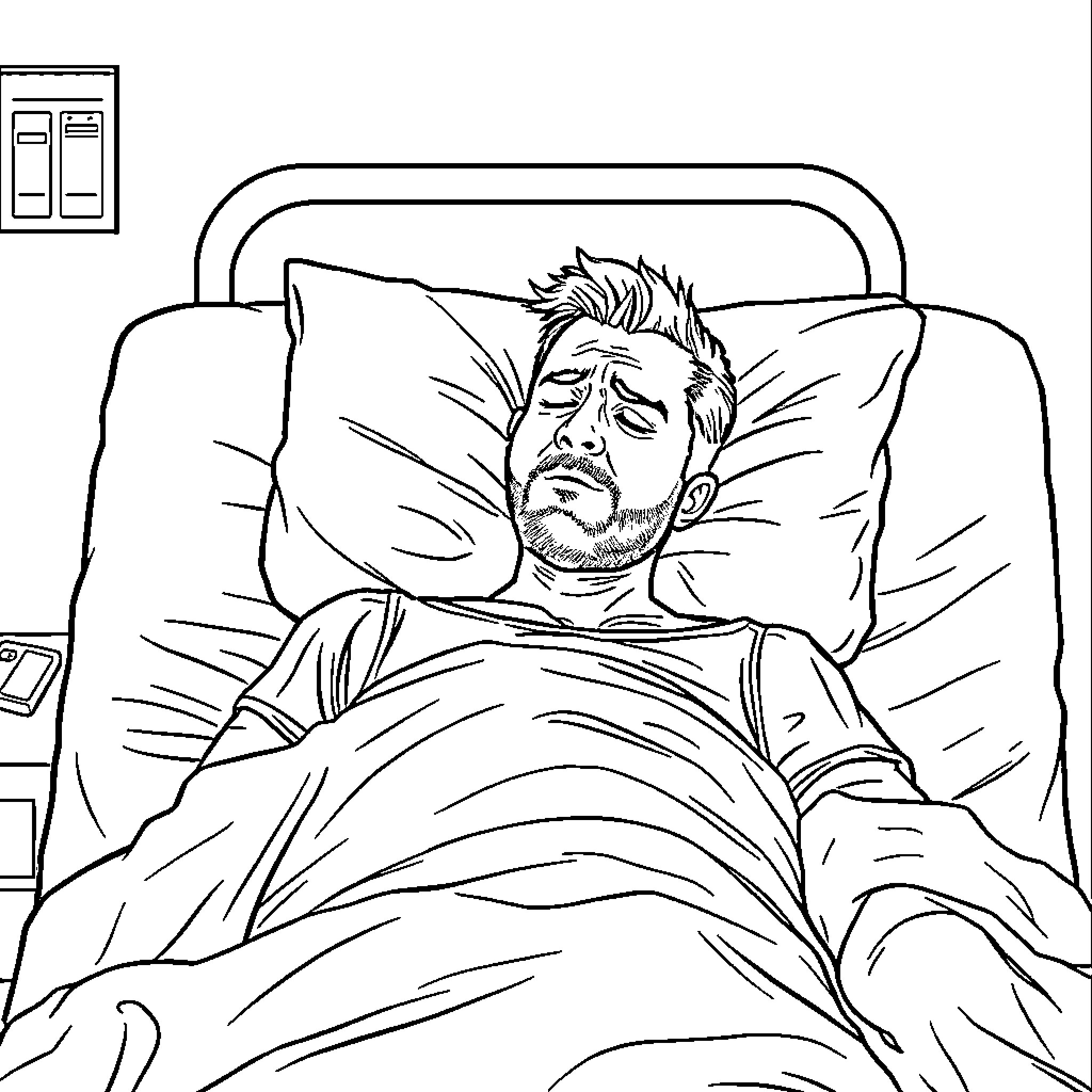 Husband resting wearily on hospital bed Coloring Page (free black-and-white line drawing printable PDF for all, from beginners to advanced learners, including children, teens, adults, and seniors)