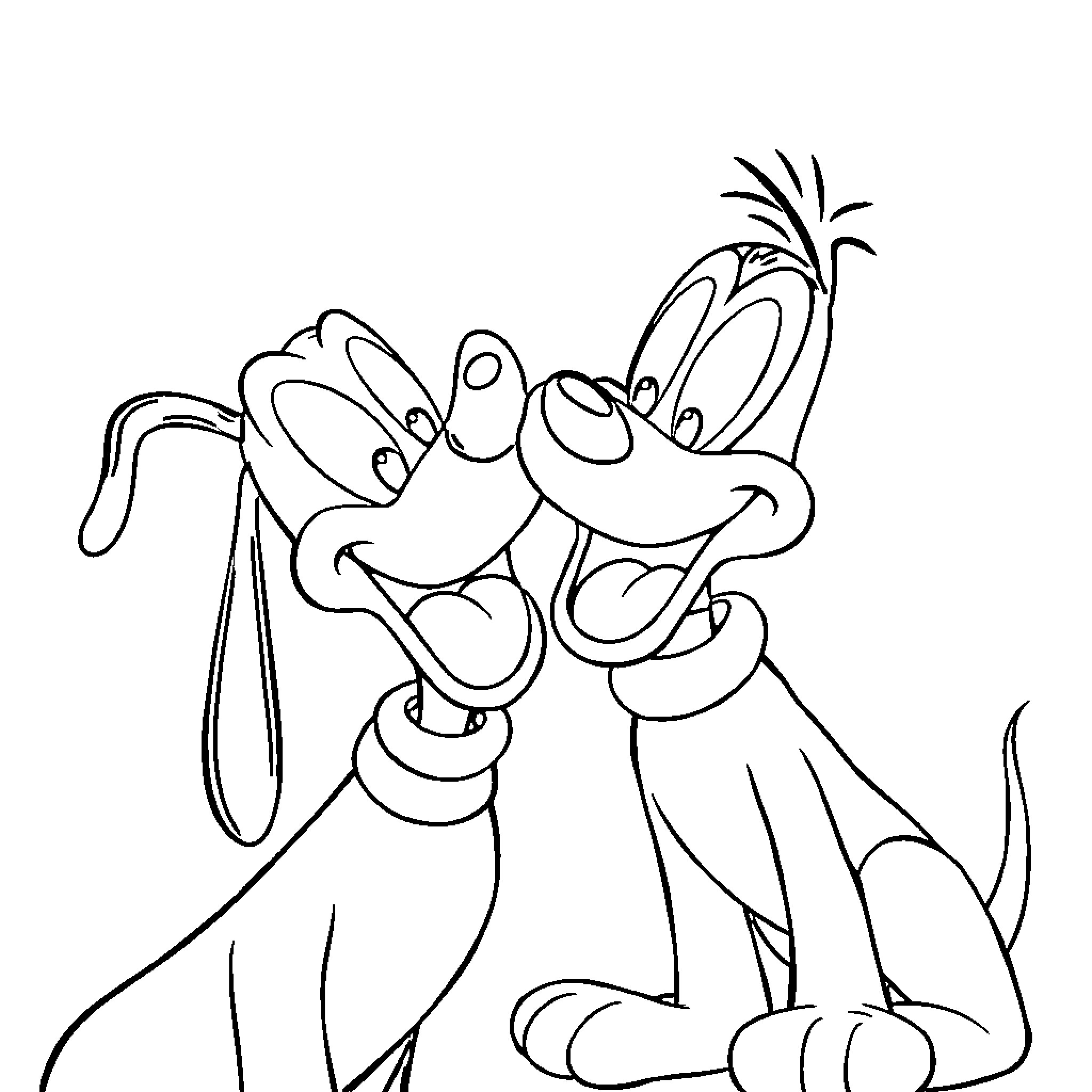 Pluto happily playing with his friend Coloring Page (free black-and-white line drawing printable PDF for all, from beginners to advanced learners, including children, teens, adults, and seniors)