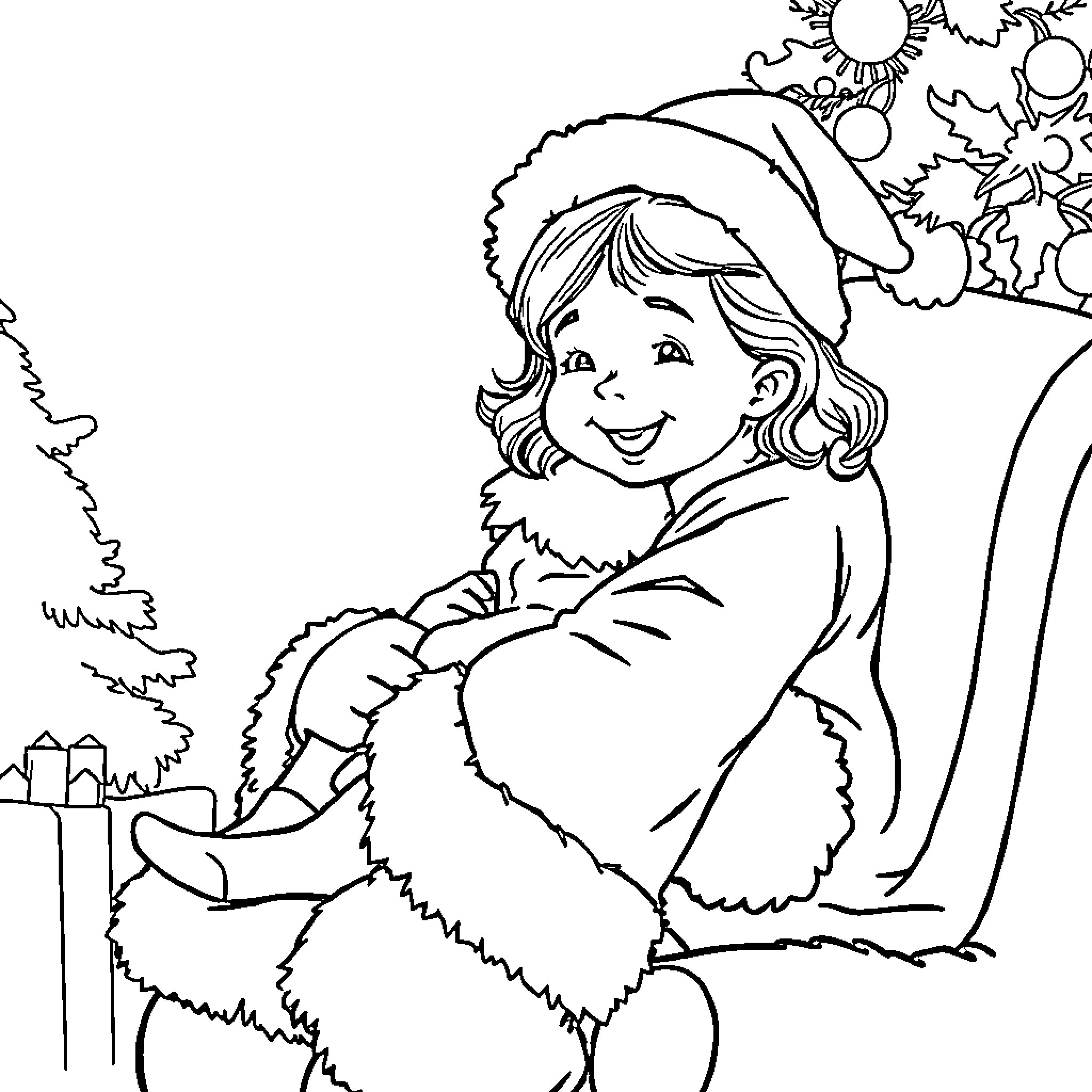 Santa's Helper Spreading Holiday Cheer Coloring Page (free black-and-white line drawing printable PDF for all, from beginners to advanced learners, including children, teens, adults, and seniors)