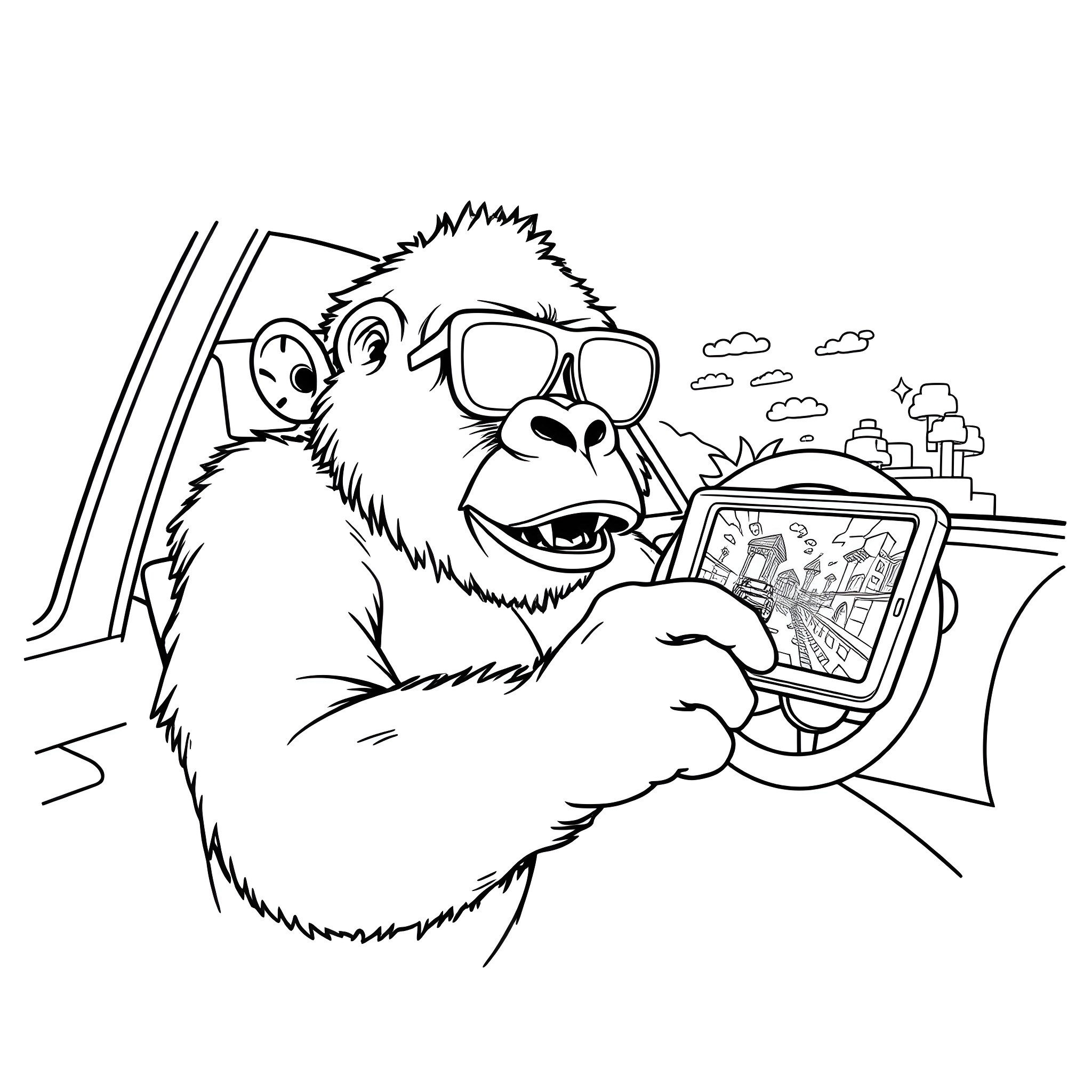Gorilla playing with smartphone in city scene Coloring Page (free black-and-white line drawing printable PDF for all, from beginners to advanced learners, including children, teens, adults, and seniors)