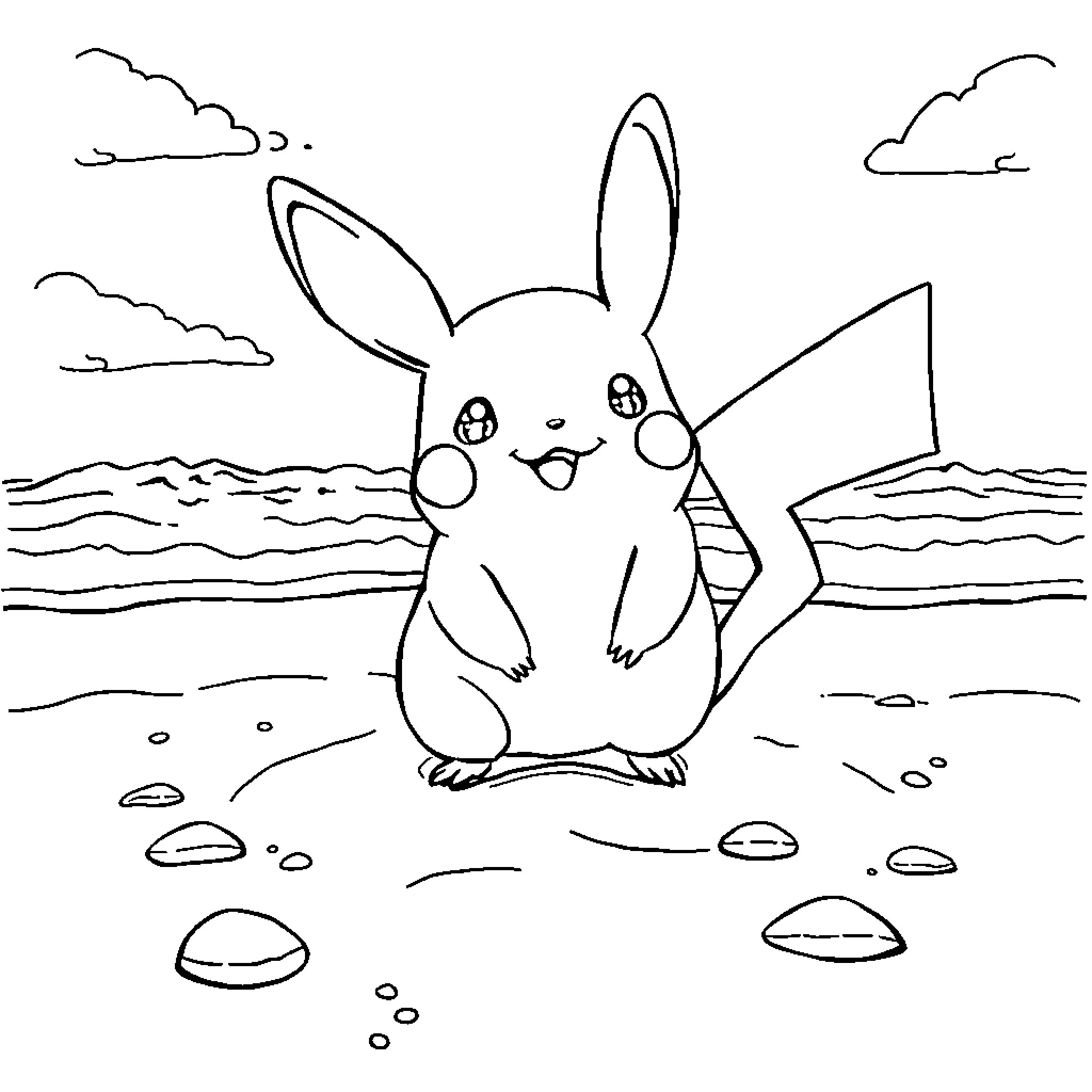 Kipachu smiling happily on a sunny beach Coloring Page (free black-and-white line drawing printable PDF for all, from beginners to advanced learners, including children, teens, adults, and seniors)