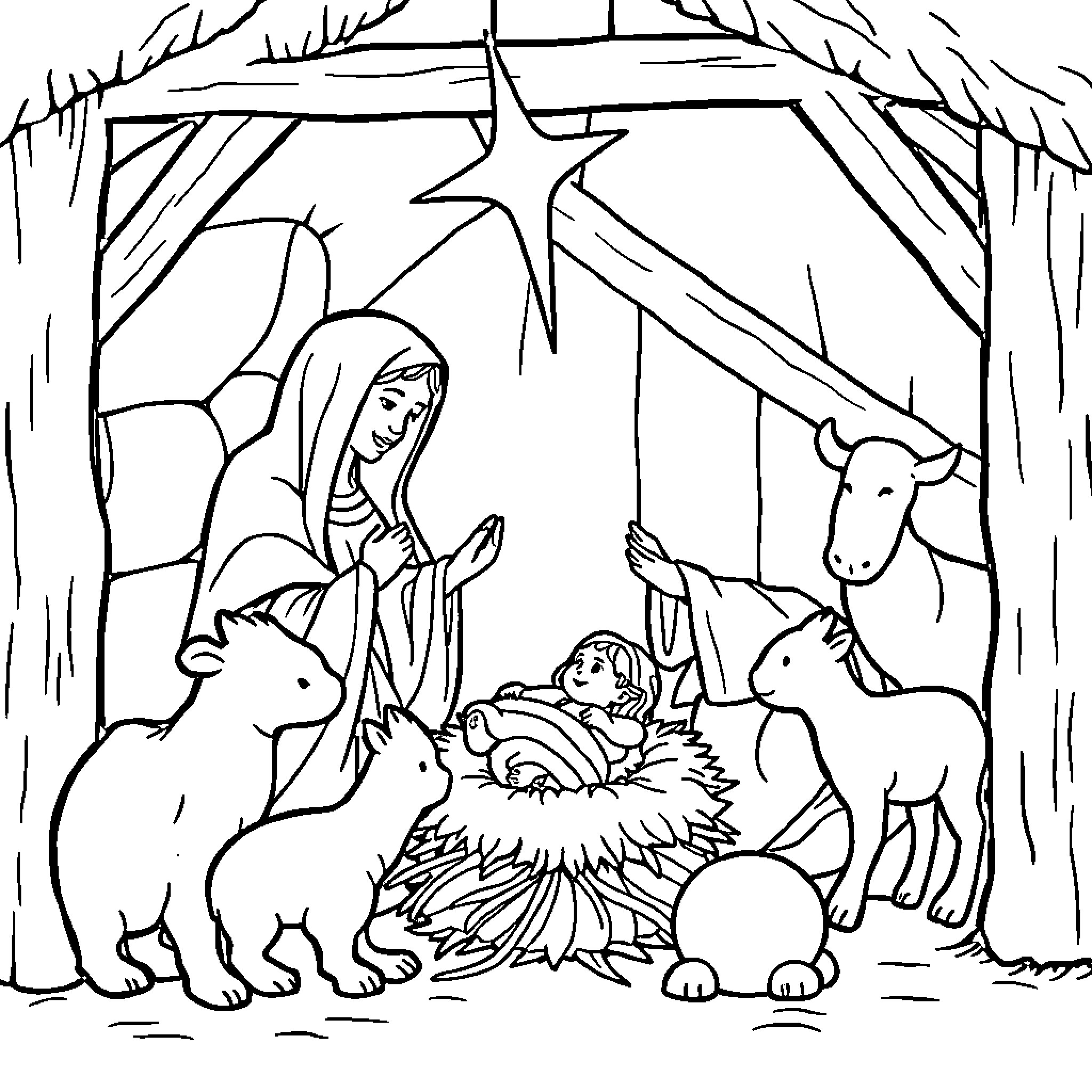 Nativity Scene with Baby Jesus, Mary, and Animals Coloring Page (free black-and-white line drawing printable PDF for all, from beginners to advanced learners, including children, teens, adults, and seniors)