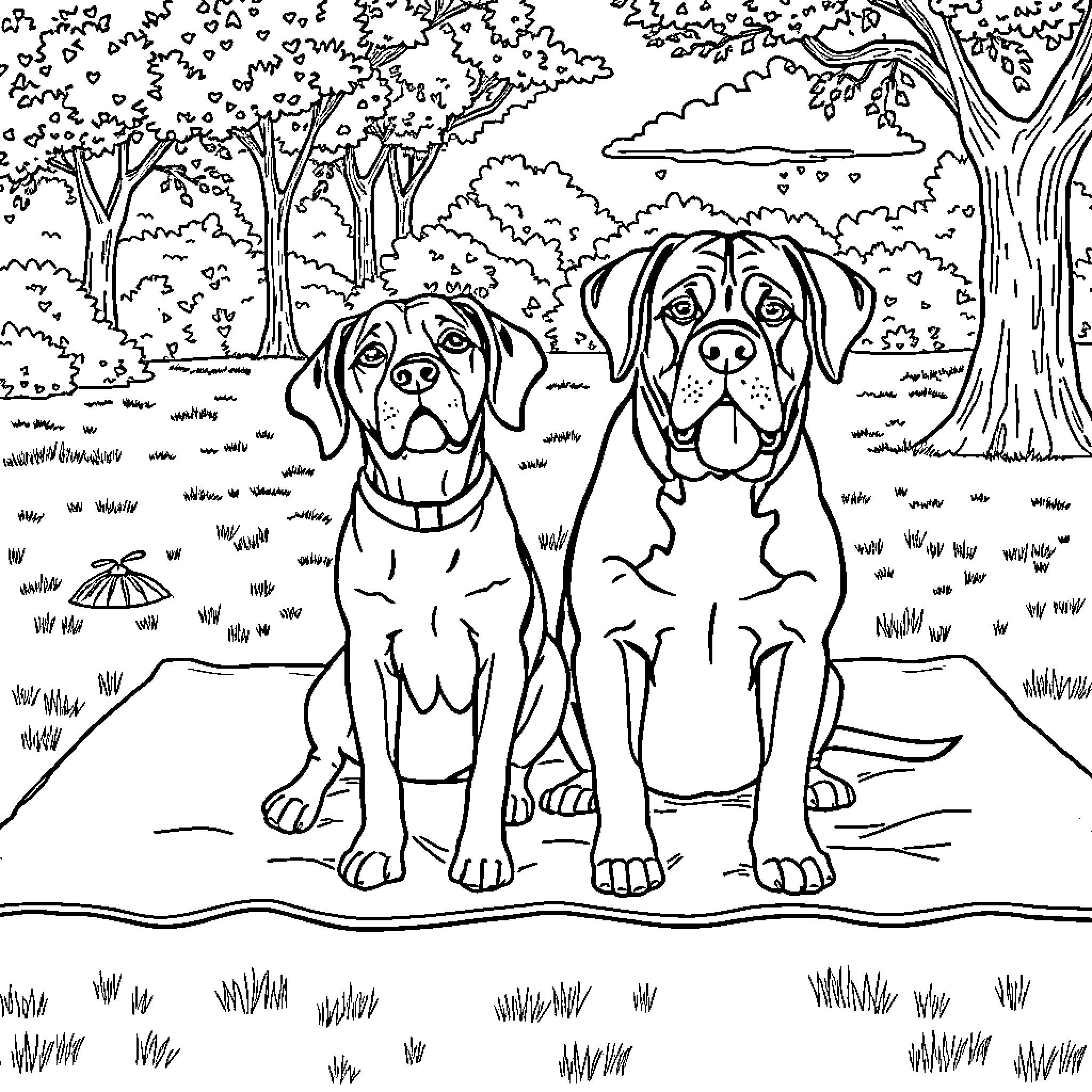 Dog Companions Enjoying the Outdoors Coloring Page (free black-and-white line drawing printable PDF for all, from beginners to advanced learners, including children, teens, adults, and seniors)