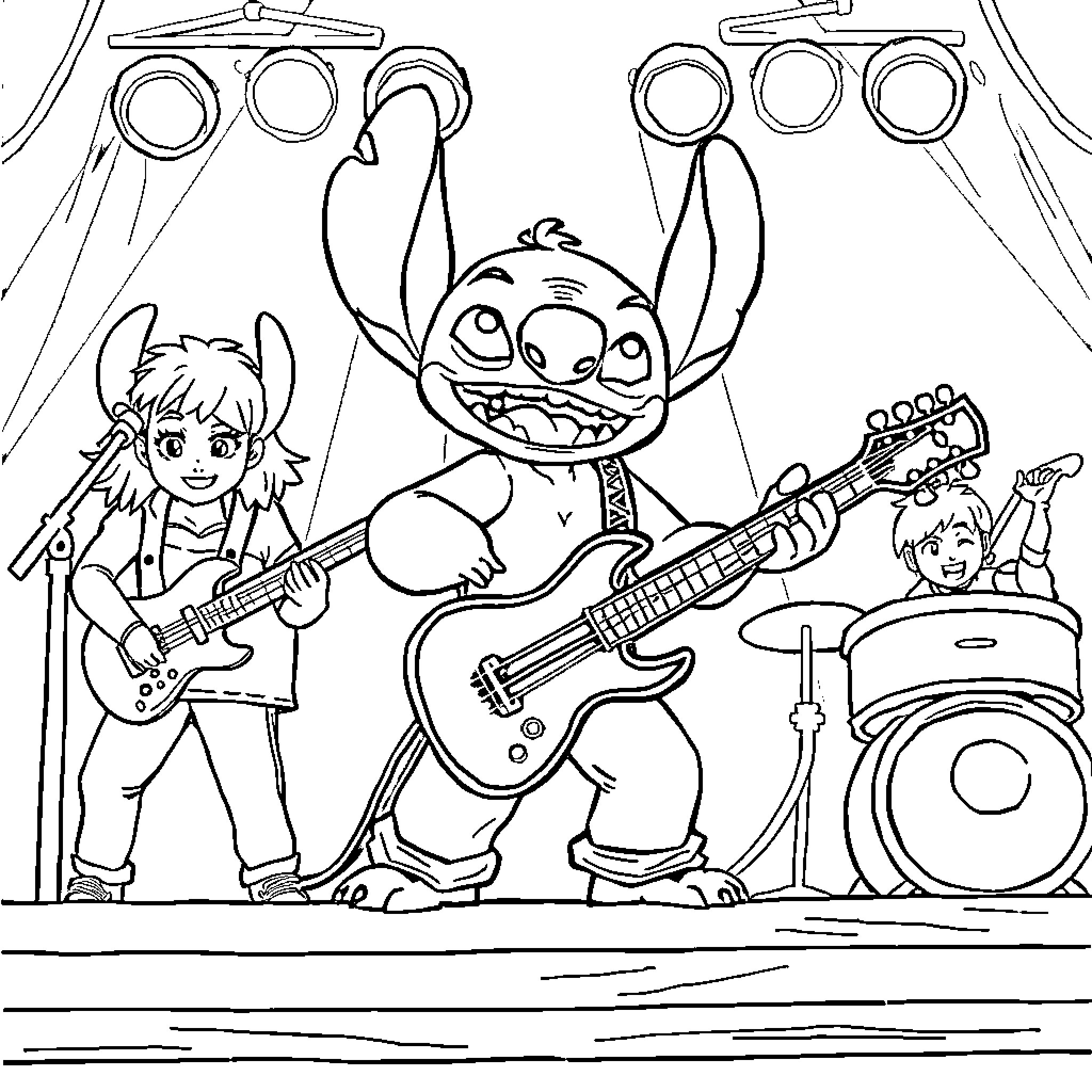 Stitch and friends rocking out on stage Coloring Page (free black-and-white line drawing printable PDF for all, from beginners to advanced learners, including children, teens, adults, and seniors)