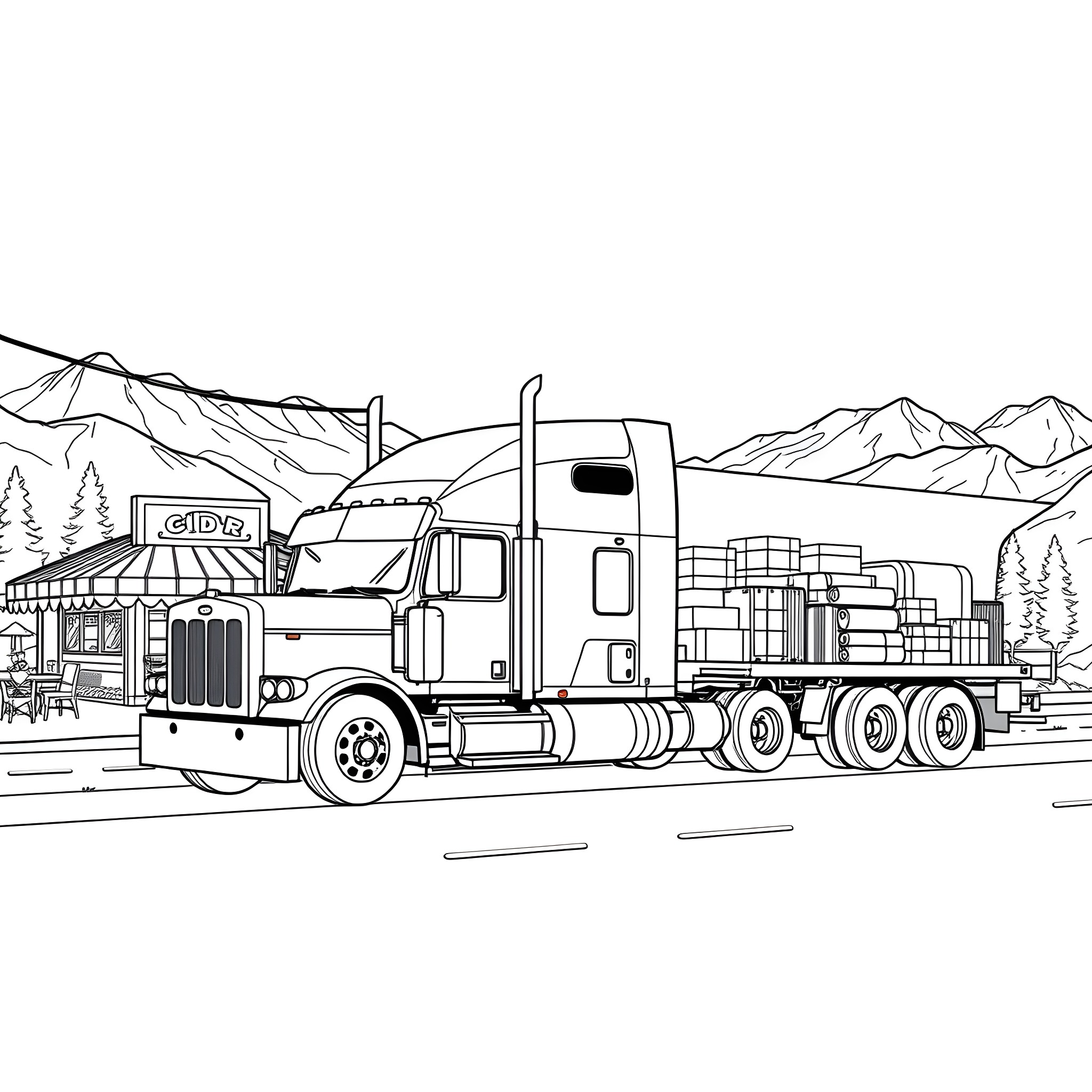 Semi Trailer Hauling Cargo on Mountain Road Coloring Page (free black-and-white line drawing printable PDF for all, from beginners to advanced learners, including children, teens, adults, and seniors)