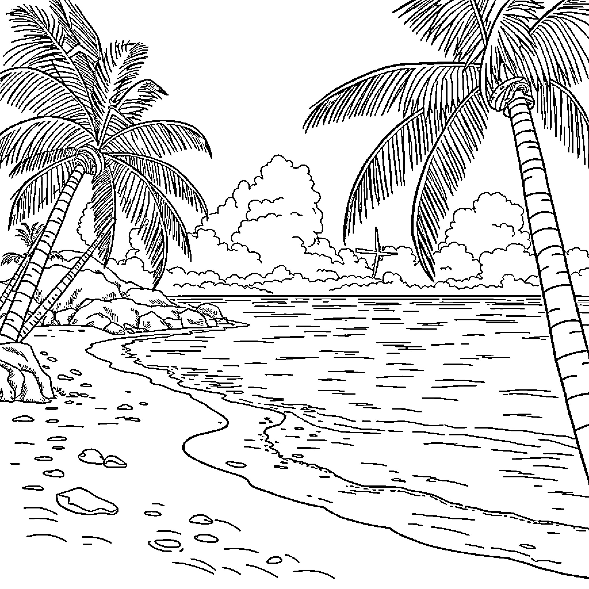 Dominican Republic tropical beach scene with palm trees Coloring Page (free black-and-white line drawing printable PDF for all, from beginners to advanced learners, including children, teens, adults, and seniors)