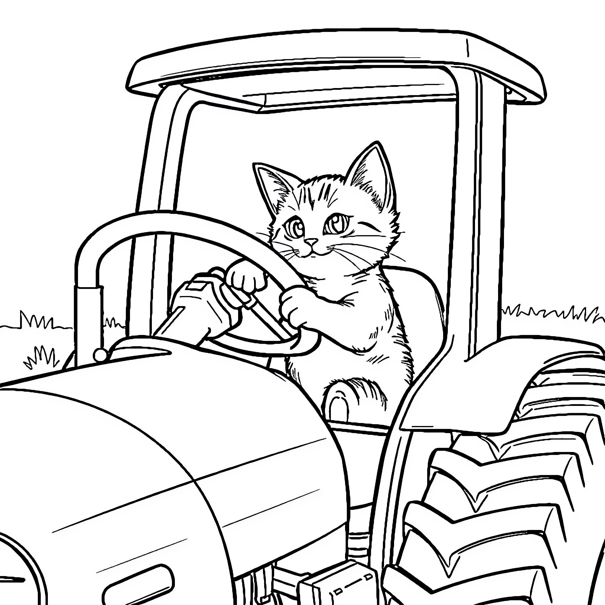 Cat driving a tractor on the farm Coloring Page (free black-and-white line drawing printable PDF for all, from beginners to advanced learners, including children, teens, adults, and seniors)