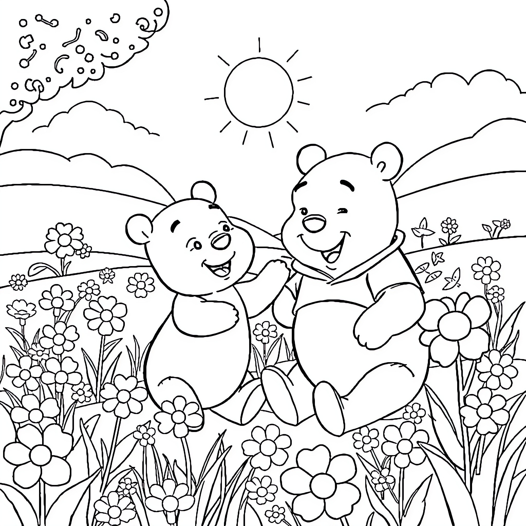 Bluey and friends explore the floral meadow Coloring Page (free black-and-white line drawing printable PDF for all, from beginners to advanced learners, including children, teens, adults, and seniors)