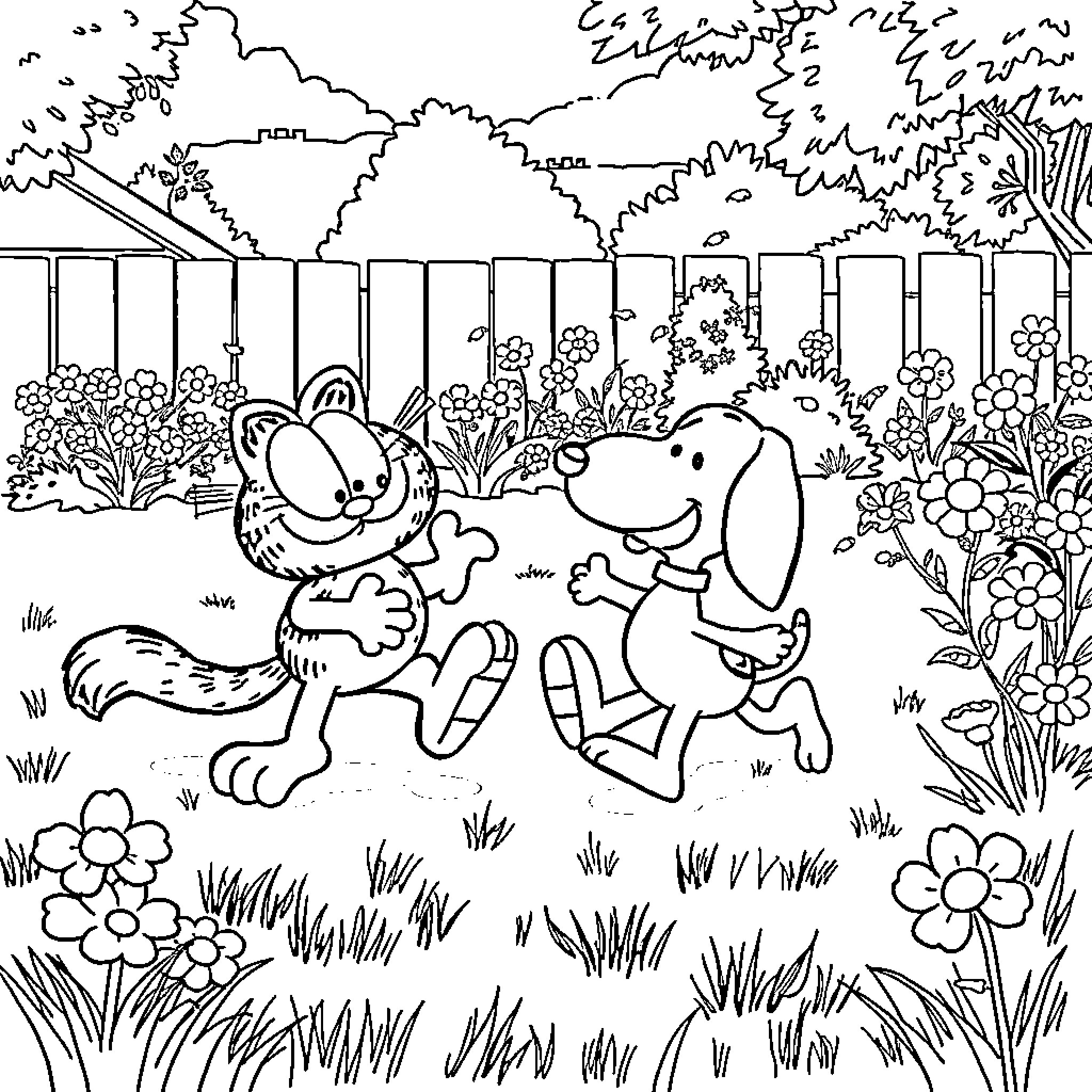 Garfield and his canine companion explore the garden Coloring Page (free black-and-white line drawing printable PDF for all, from beginners to advanced learners, including children, teens, adults, and seniors)