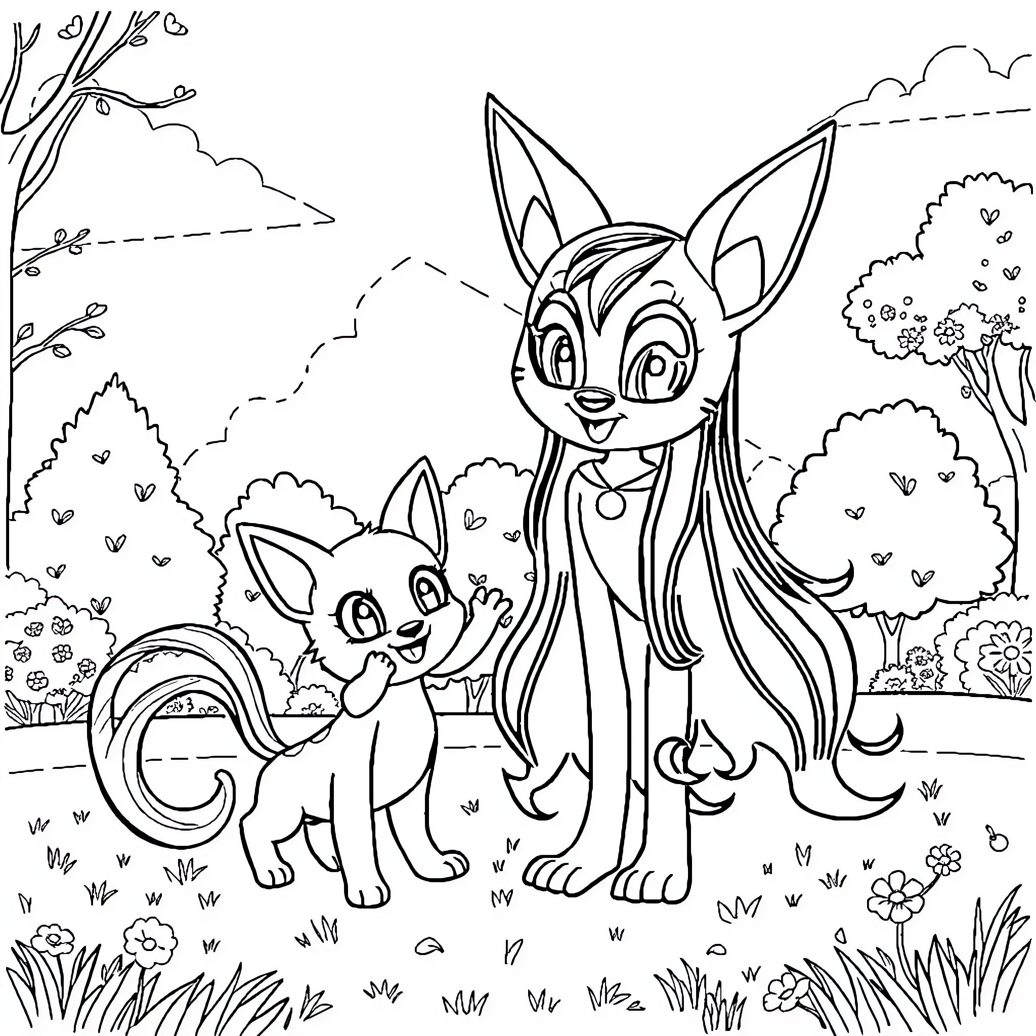 Vibrant Vixen and Curious Canine Caper Coloring Page (free black-and-white line drawing printable PDF for all, from beginners to advanced learners, including children, teens, adults, and seniors)