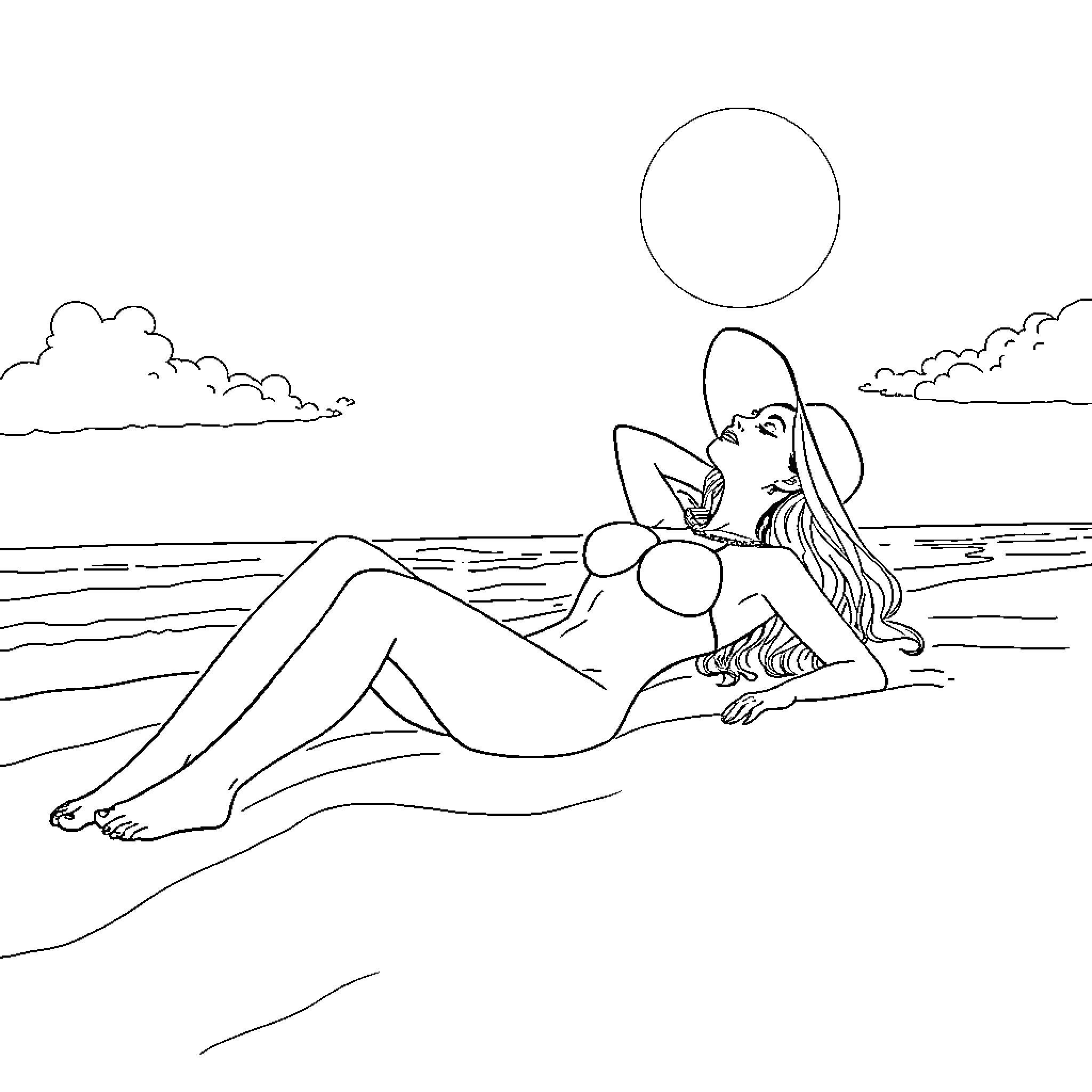 Woman relaxing on the beach with a serene expression Coloring Page (free black-and-white line drawing printable PDF for all, from beginners to advanced learners, including children, teens, adults, and seniors)