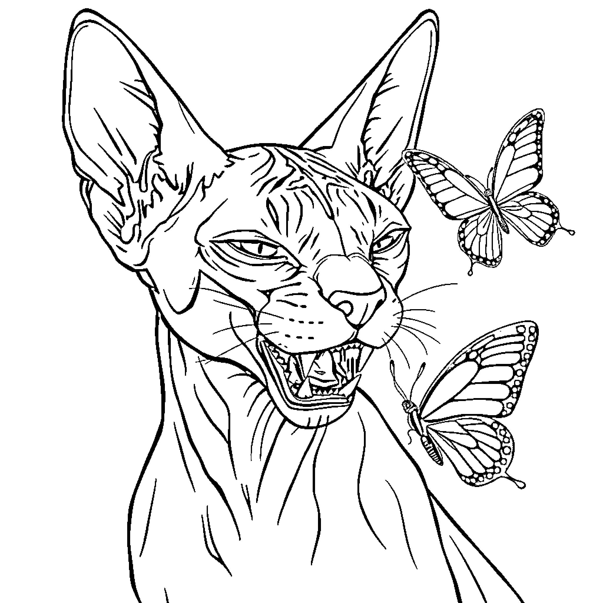 Sphinx Cat with Butterflies Coloring Page (free black-and-white line drawing printable PDF for all, from beginners to advanced learners, including children, teens, adults, and seniors)
