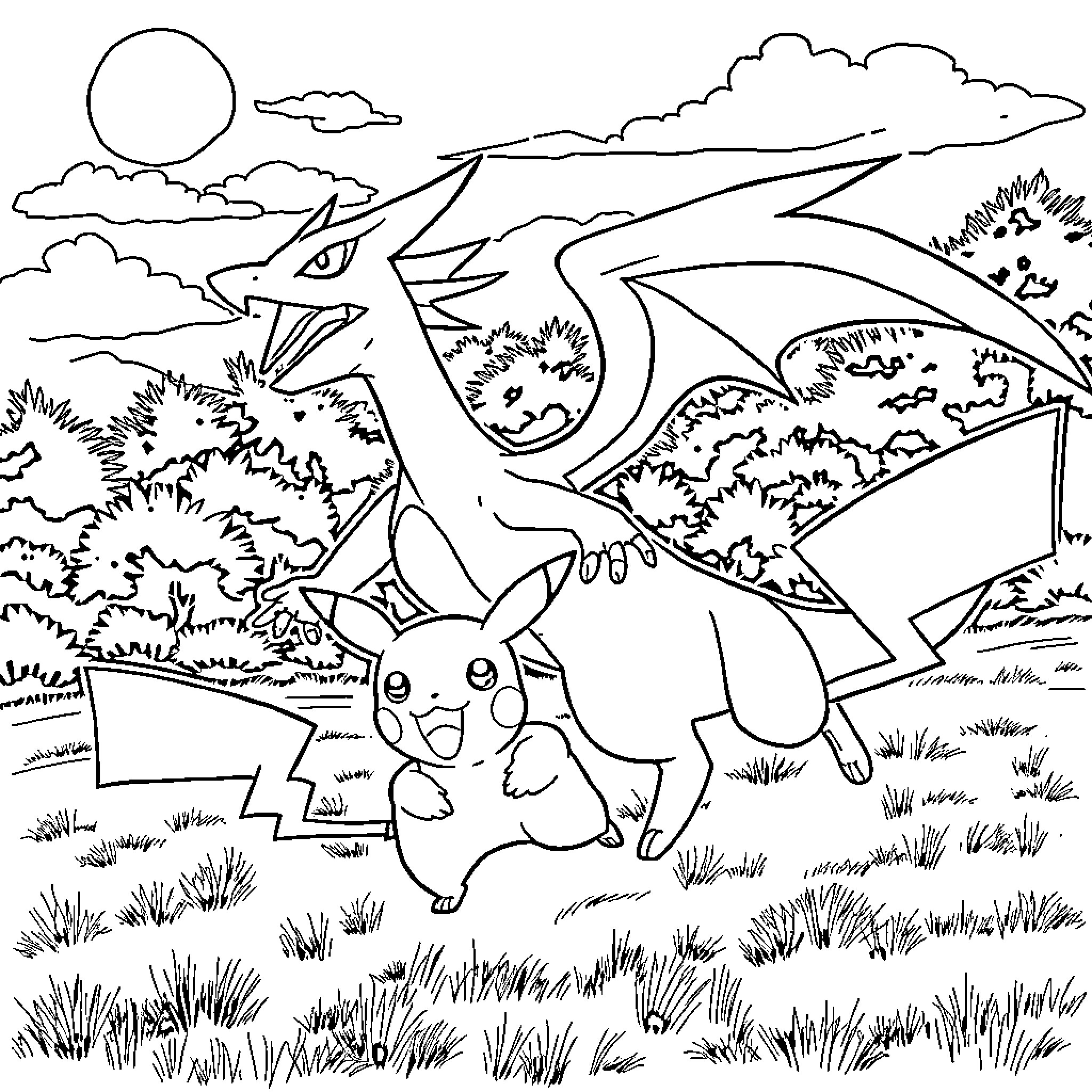 Pikachu and Charizard adventure in the meadow Coloring Page (free black-and-white line drawing printable PDF for all, from beginners to advanced learners, including children, teens, adults, and seniors)