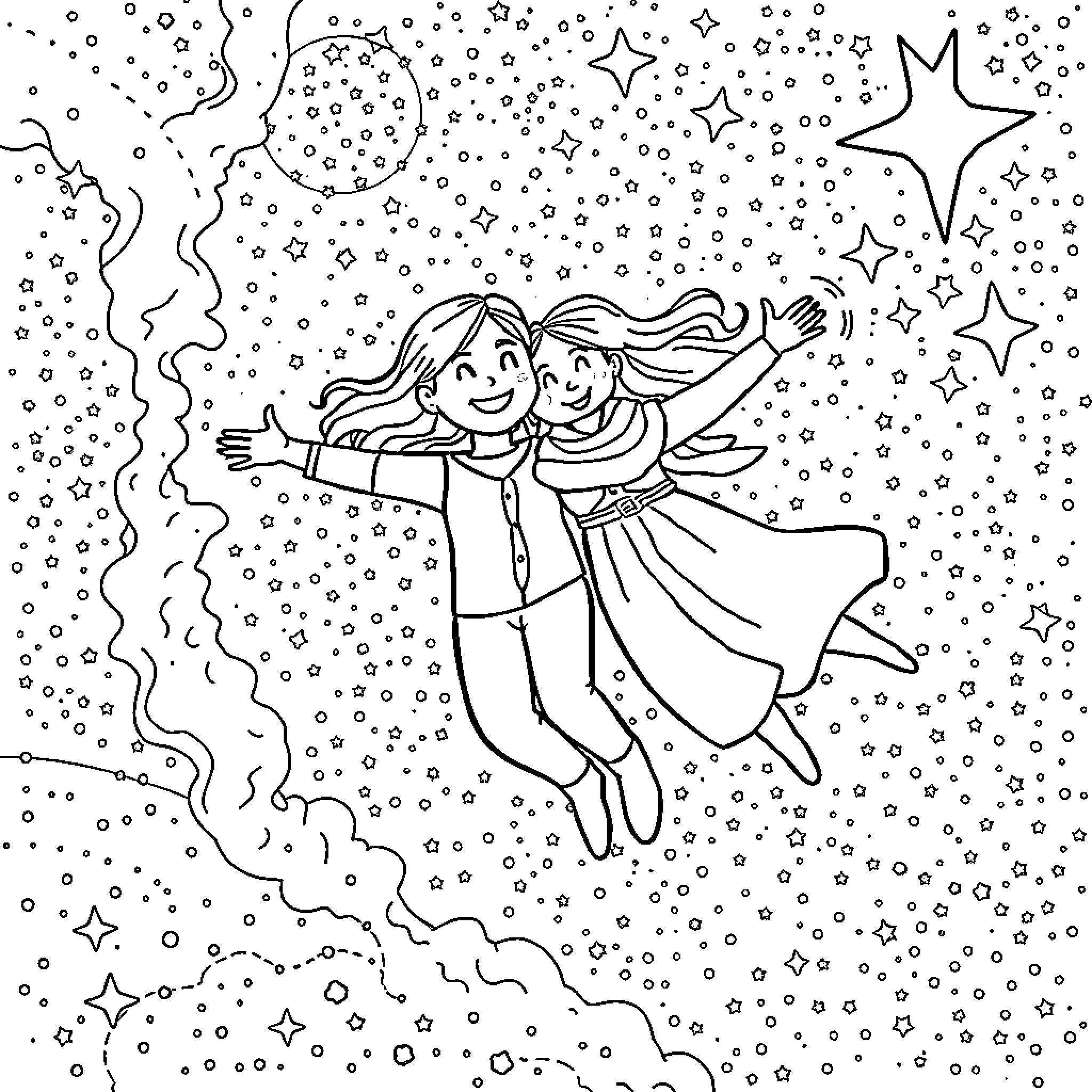 Parent and child dancing under the starry night sky Coloring Page (free black-and-white line drawing printable PDF for all, from beginners to advanced learners, including children, teens, adults, and seniors)