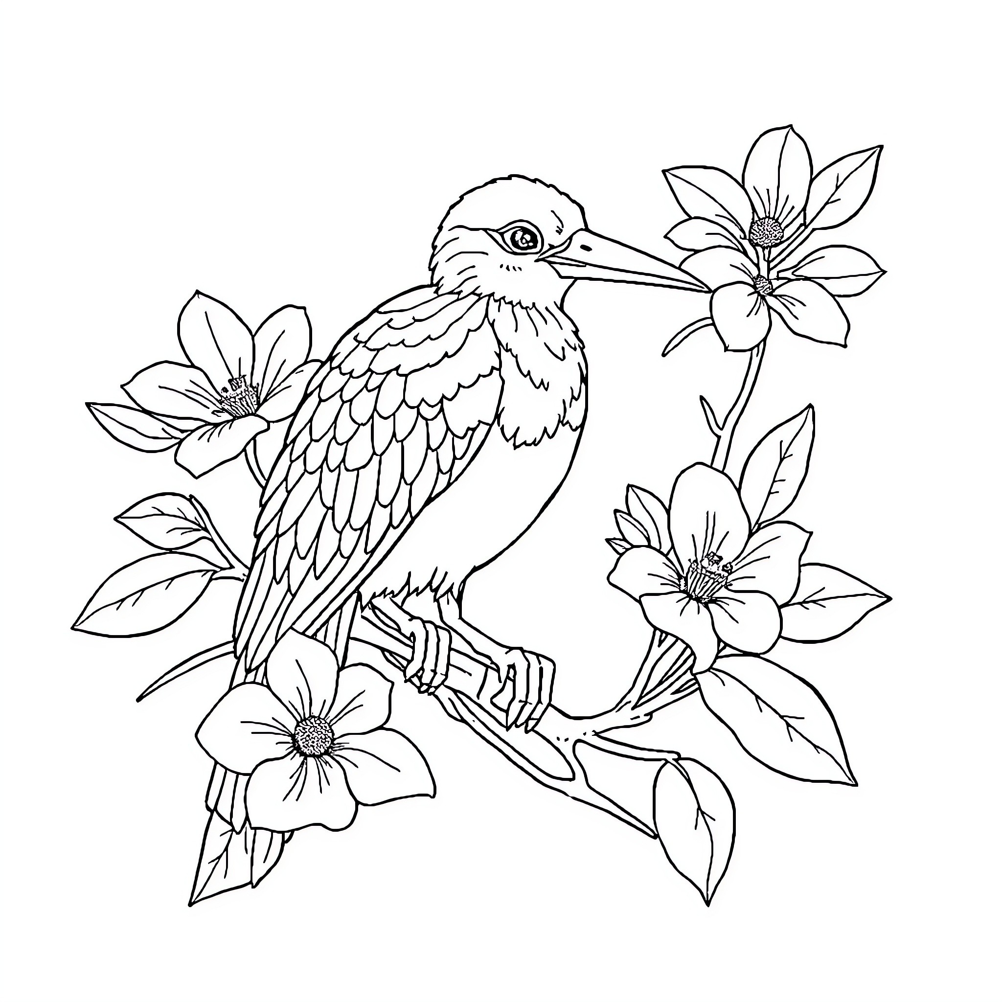 Book of Bird and Blooming Flowers Coloring Page (free black-and-white line drawing printable PDF for all, from beginners to advanced learners, including children, teens, adults, and seniors)