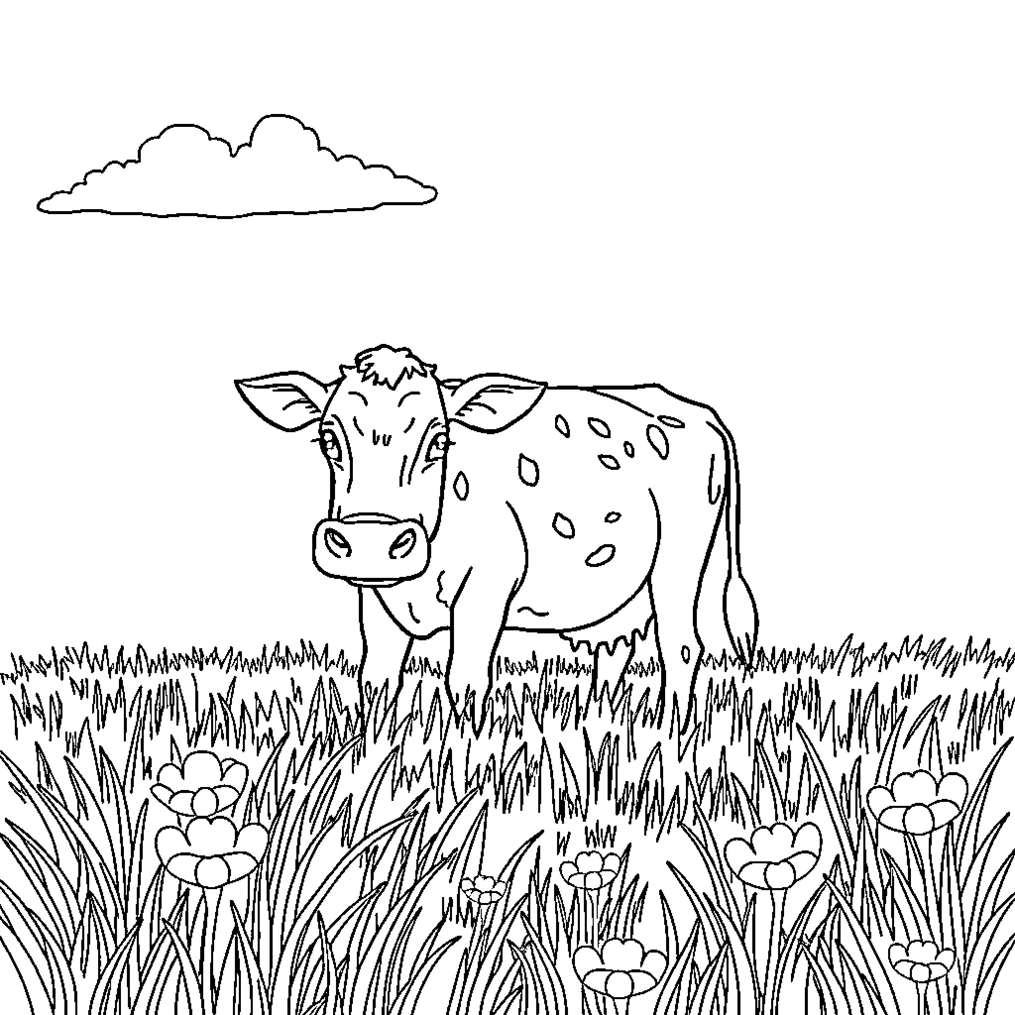 Cow resting peacefully in a grassy meadow Coloring Page (free black-and-white line drawing printable PDF for all, from beginners to advanced learners, including children, teens, adults, and seniors)