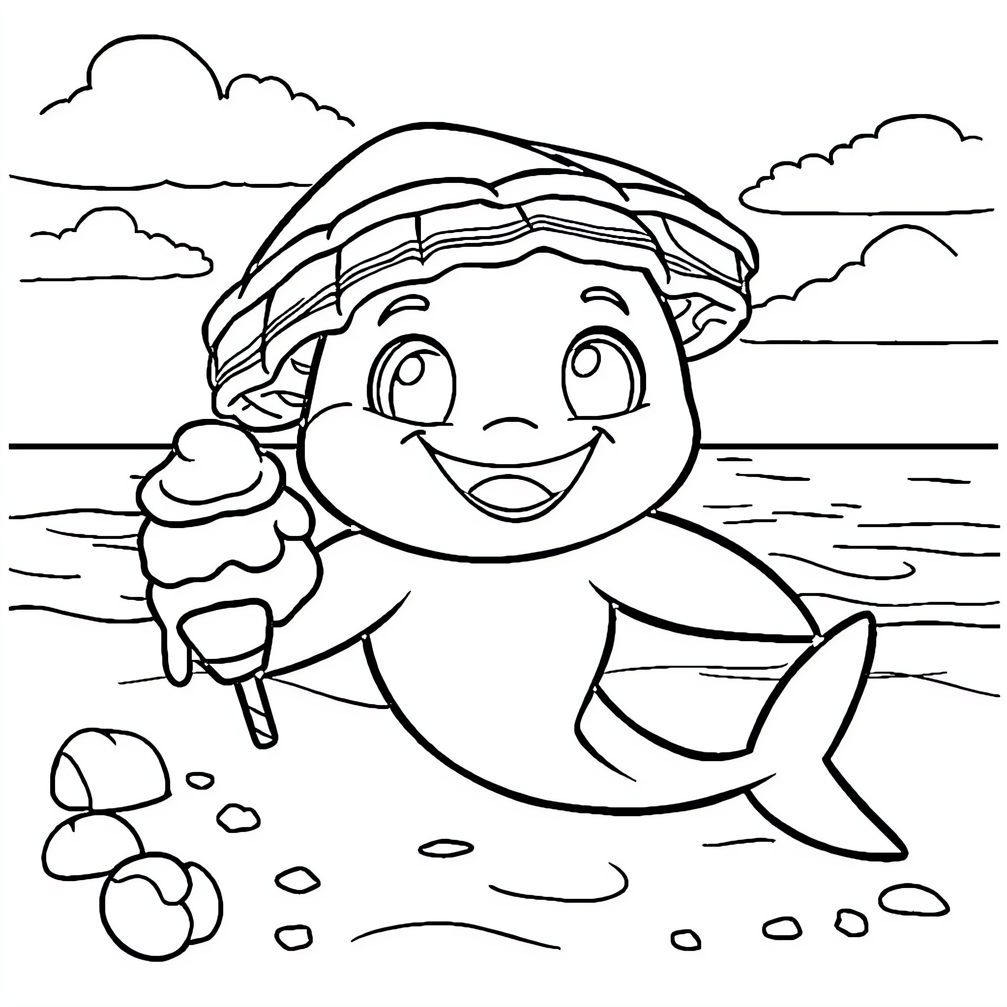 Baby Shark enjoying ice cream on the beach Coloring Page (free black-and-white line drawing printable PDF for all, from beginners to advanced learners, including children, teens, adults, and seniors)
